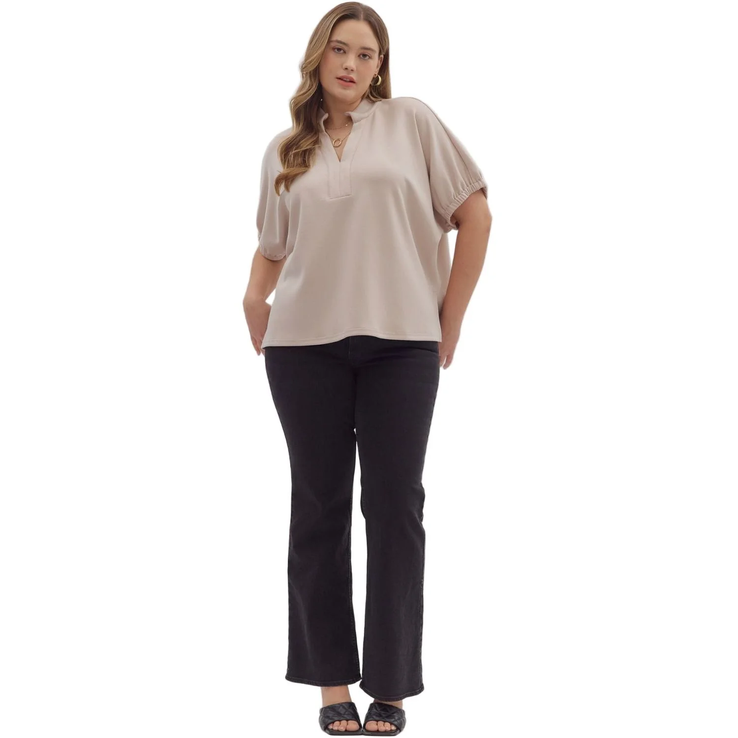 Women's Entro Almond Solid Short Sleeve V-neck Top T28724P - Image 5