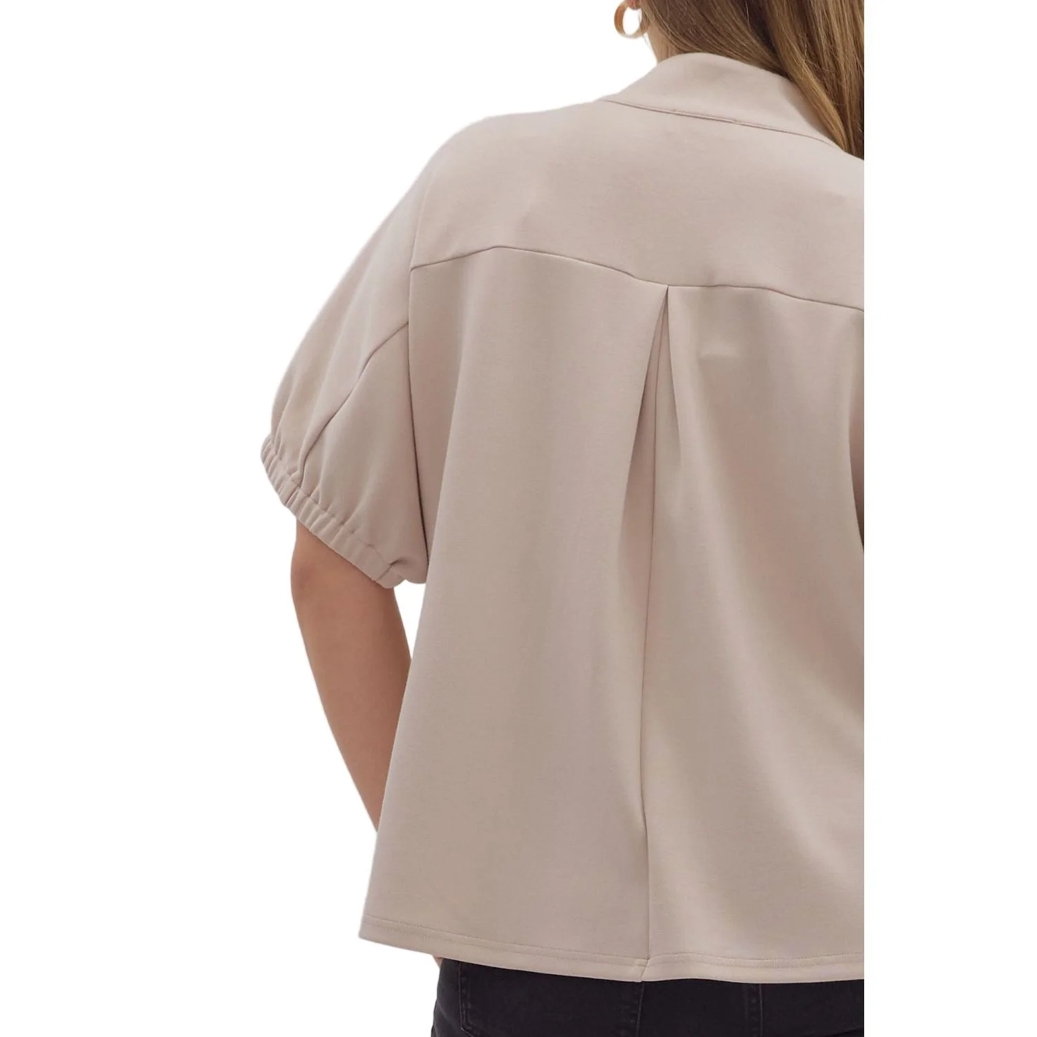 Women's Entro Almond Solid Short Sleeve V-neck Top T28724P - Image 7