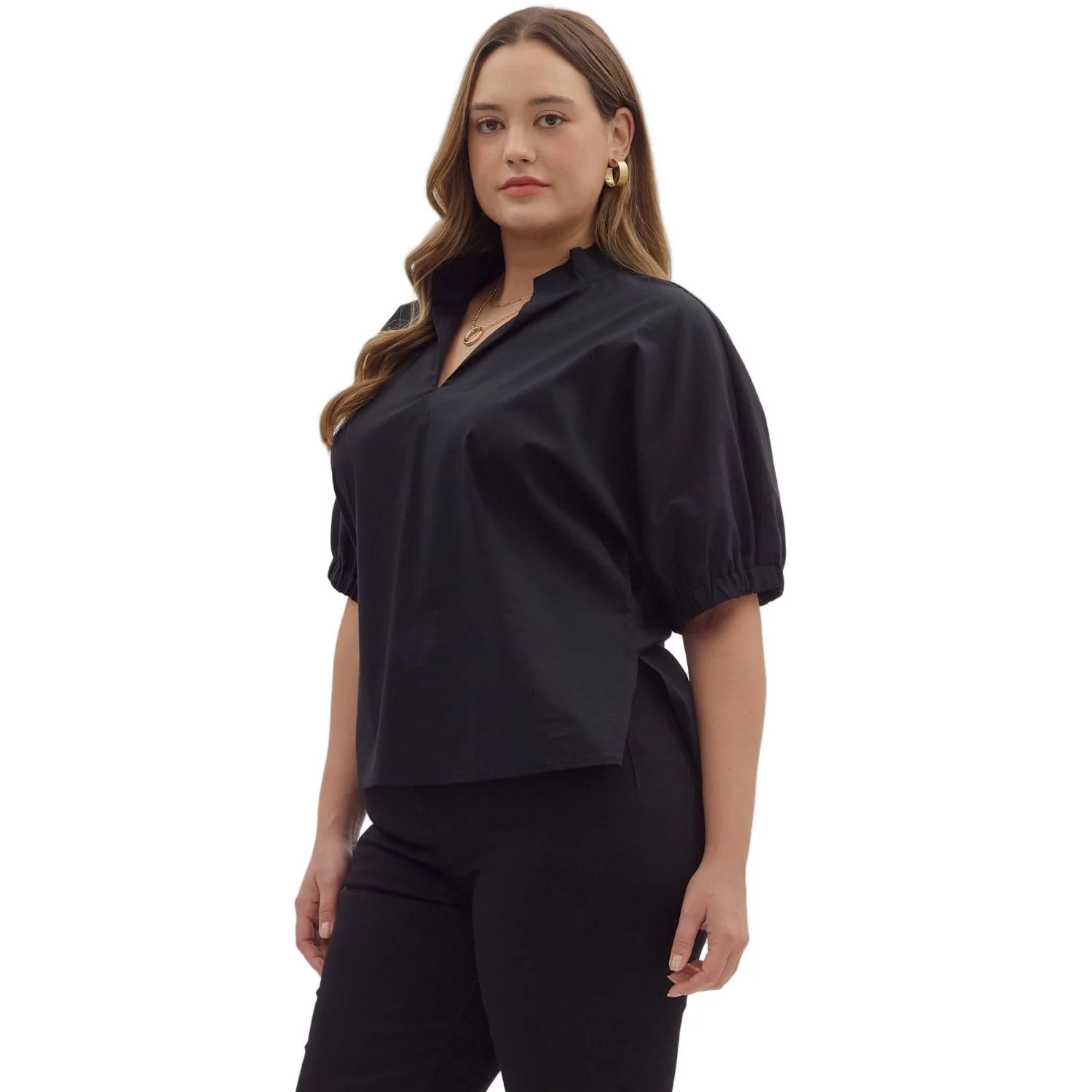 Women's Entro Black Solid Puff Sleeve V-neck Blouse T26223P - Image 2