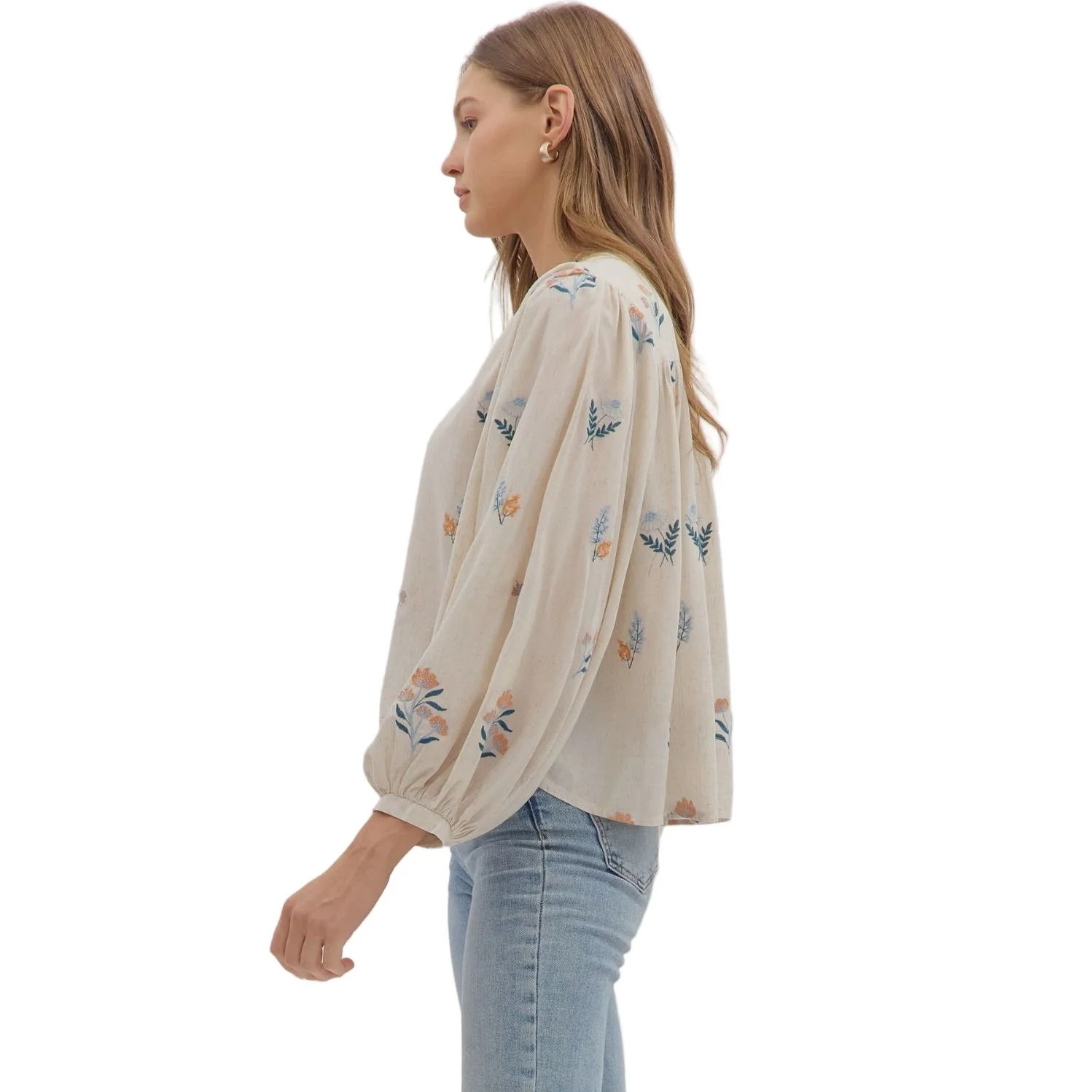 Women's Entro Floral Embroidery Long Sleeve Blouse T28040 - Image 3