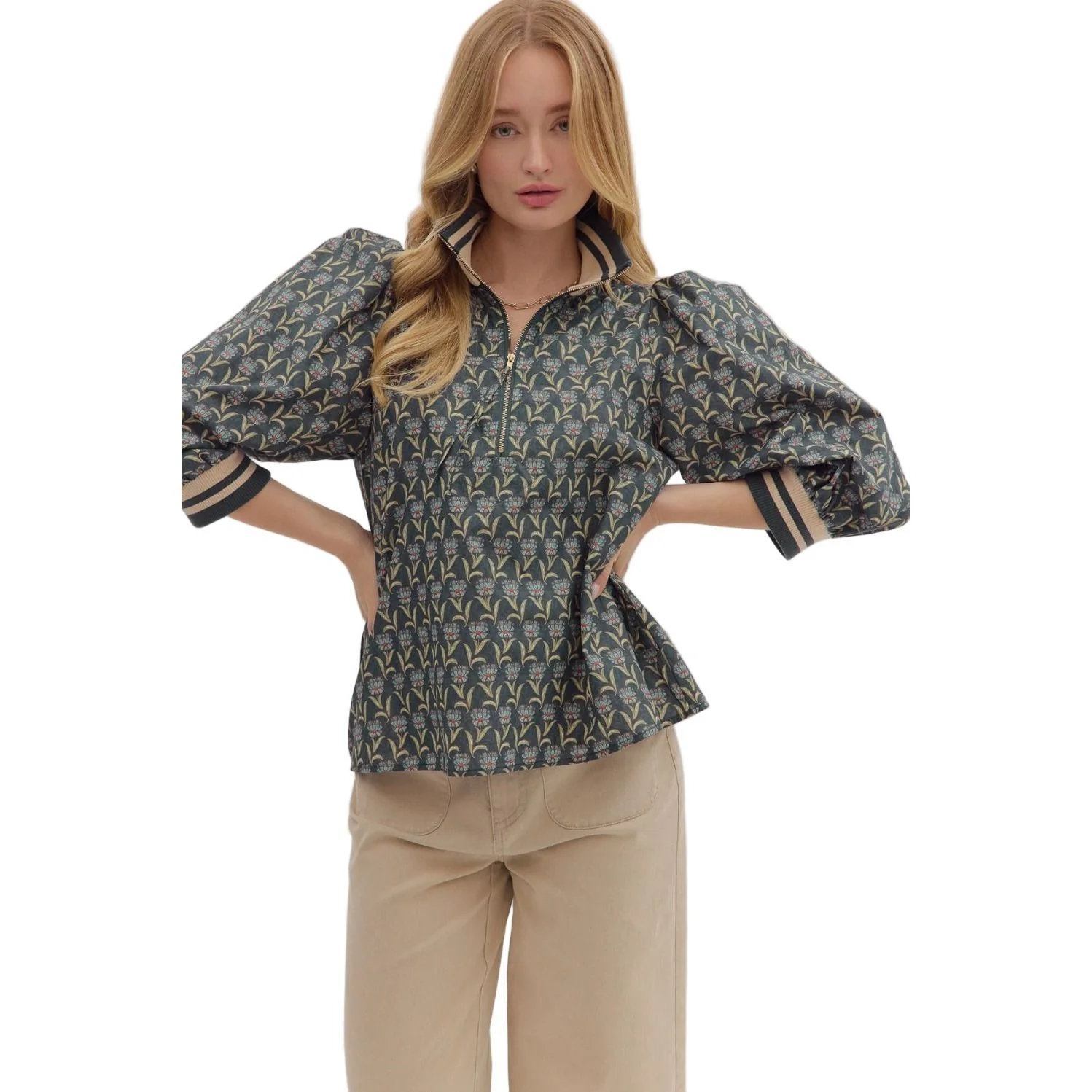 Women's Entro Floral Print 3/4 Puff Sleeve Top T28763