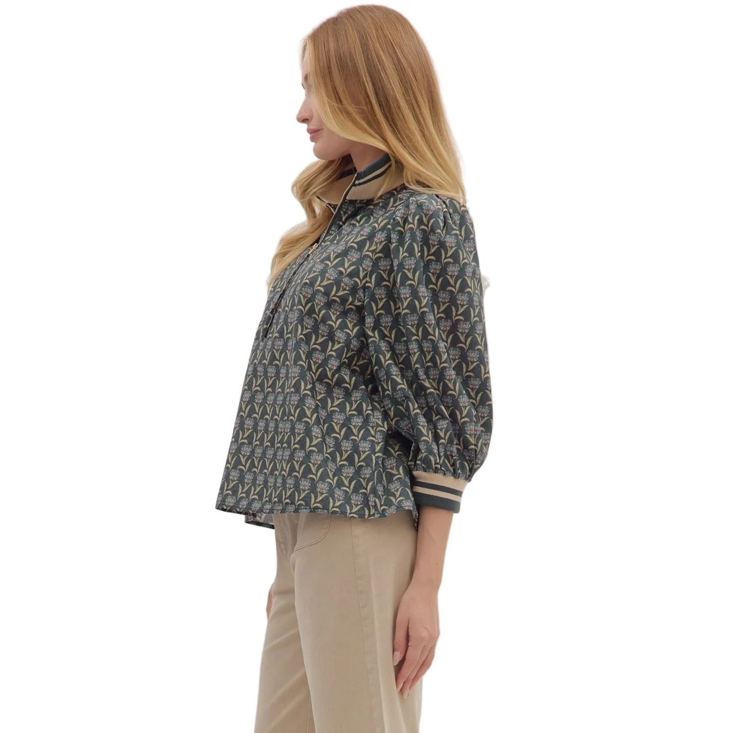 Women's Entro Floral Print 3/4 Puff Sleeve Top T28763 - Image 3