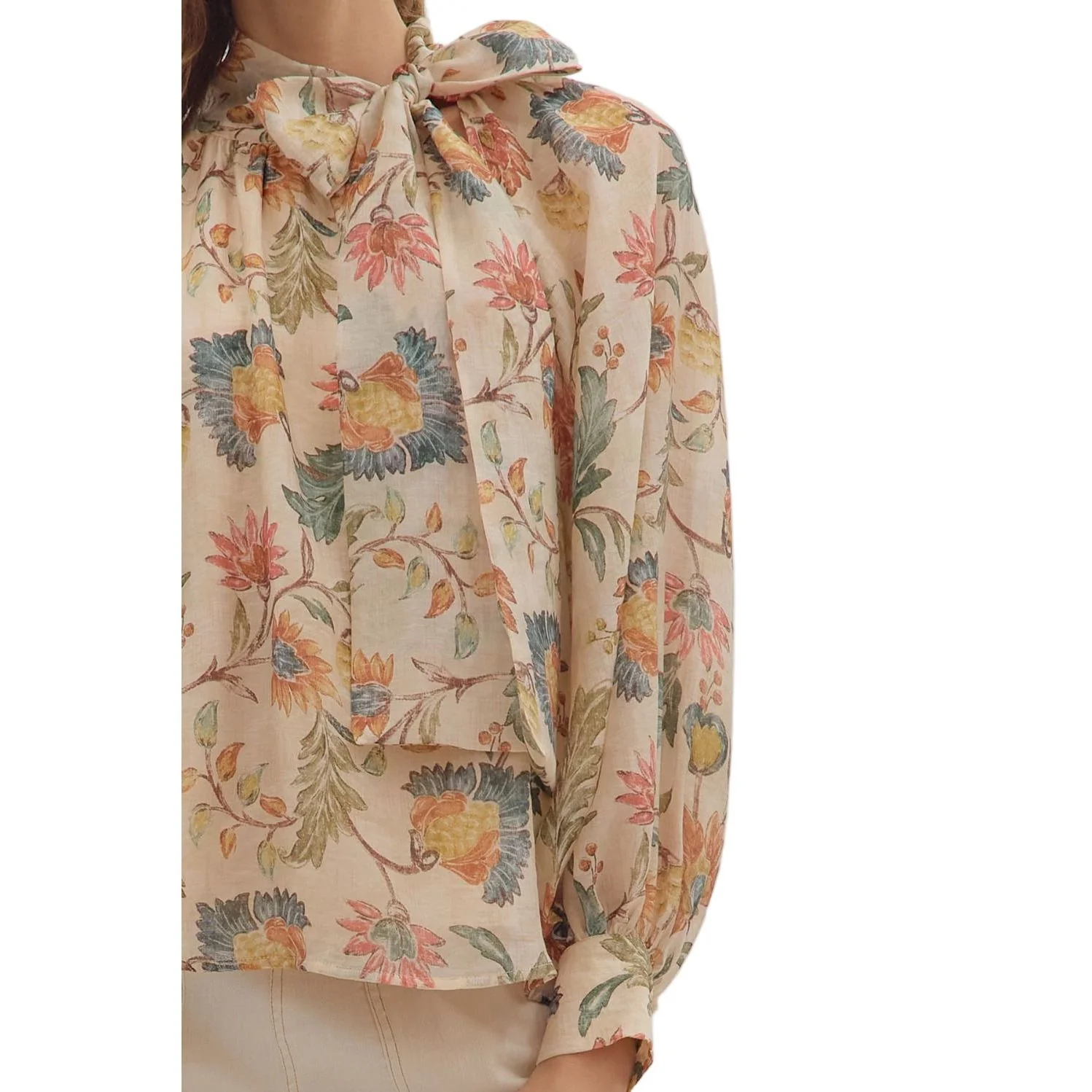 Women's Entro Floral Print Long Sleeve Bow Tie Blouse T29264 - Image 6