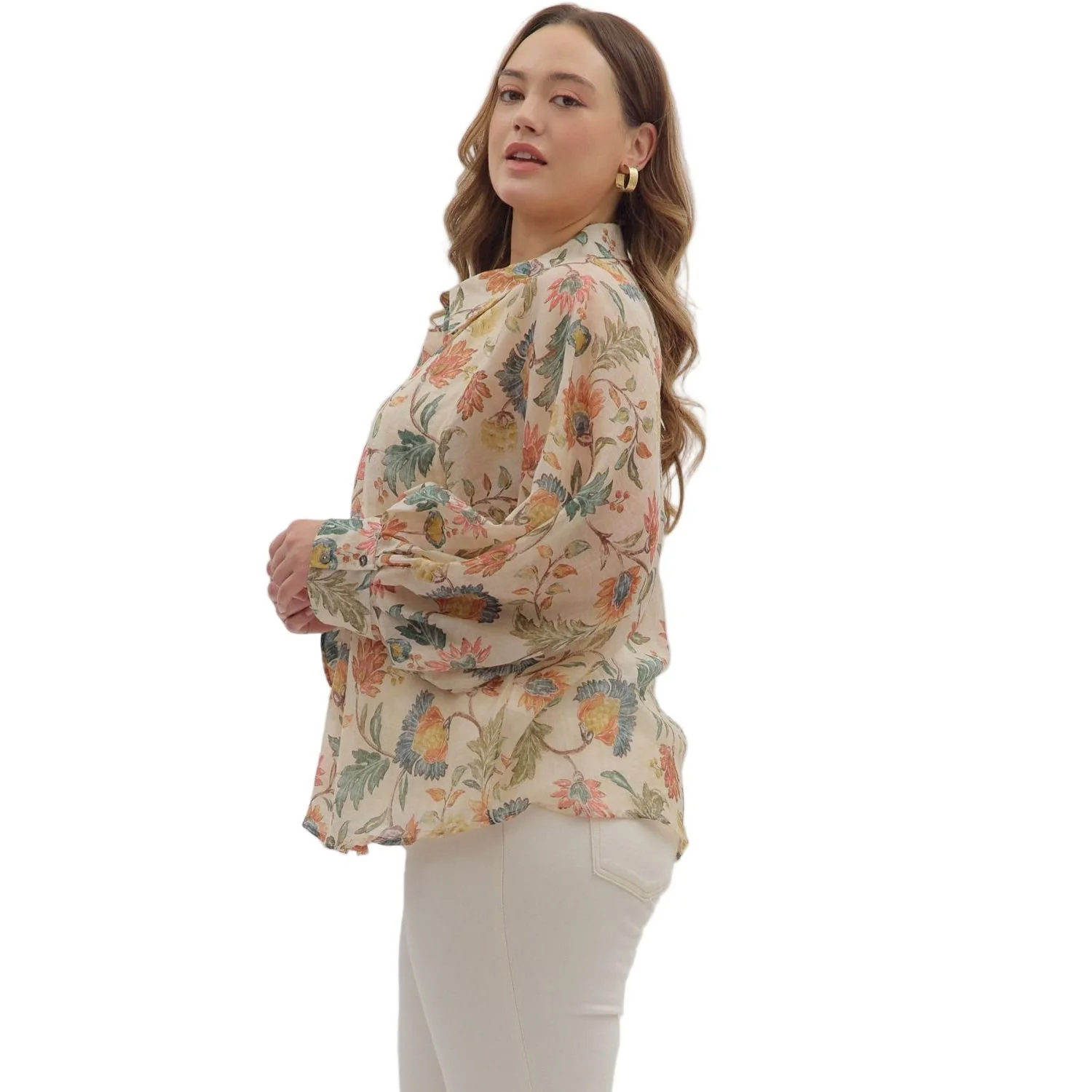 Women's Entro Floral Print Long Sleeve Button Down T29041P - Image 3