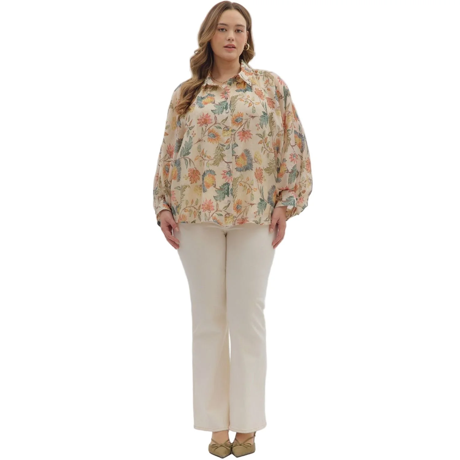 Women's Entro Floral Print Long Sleeve Button Down T29041P - Image 5