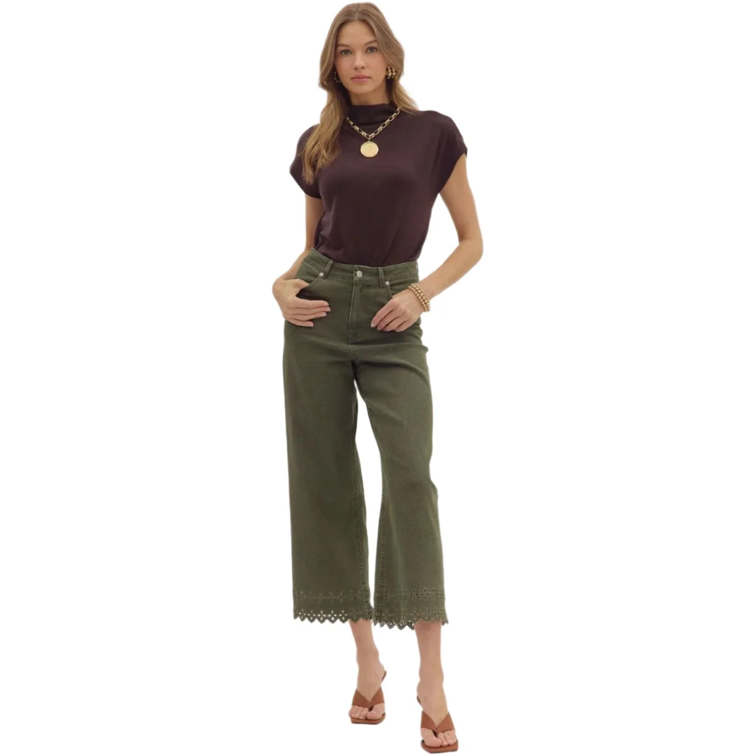Women's Entro High Waist Ankle Length Olive Green Pants P26396 - Image 5