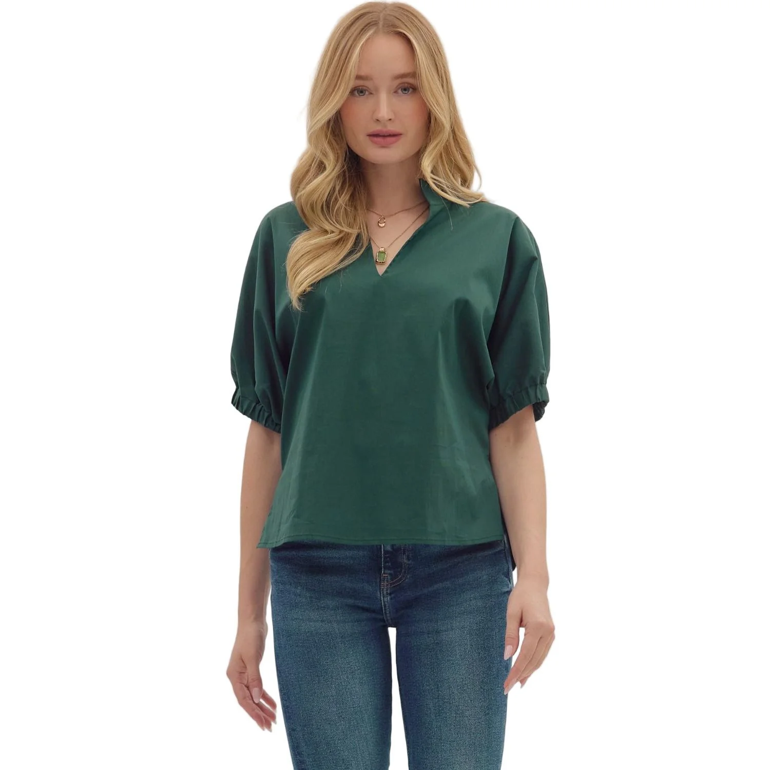 Women's Entro Hunter Green Puff Sleeve V-neck Top T26223