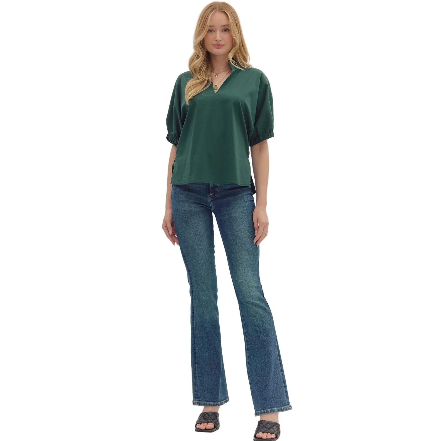 Women's Entro Hunter Green Puff Sleeve V-neck Top T26223 - Image 5