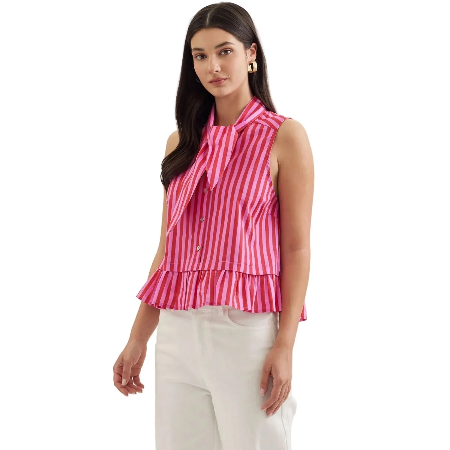 Women's Entro Pink and Red Striped Sleeveless Button Up Top T30620 - Image 2