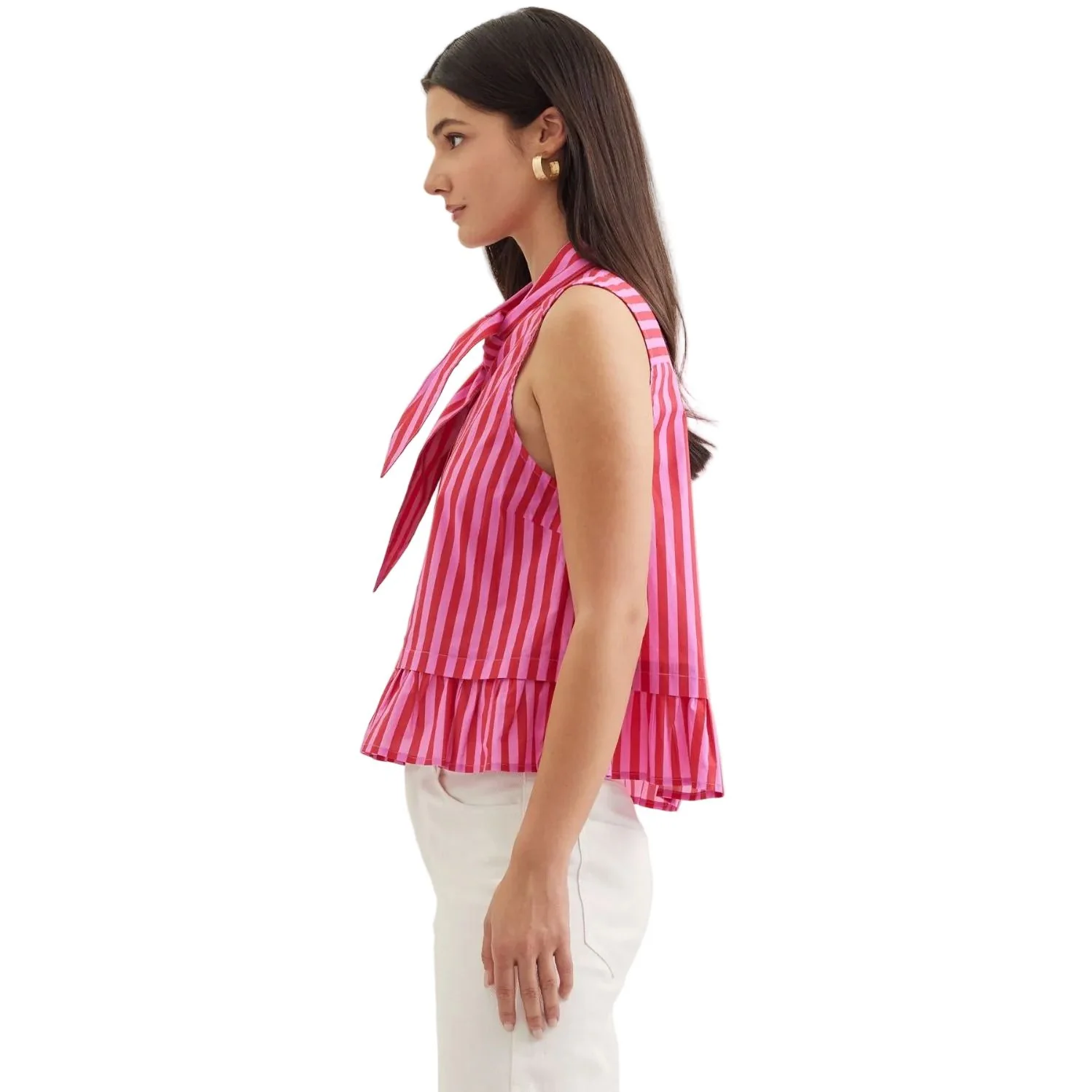Women's Entro Pink and Red Striped Sleeveless Button Up Top T30620 - Image 4