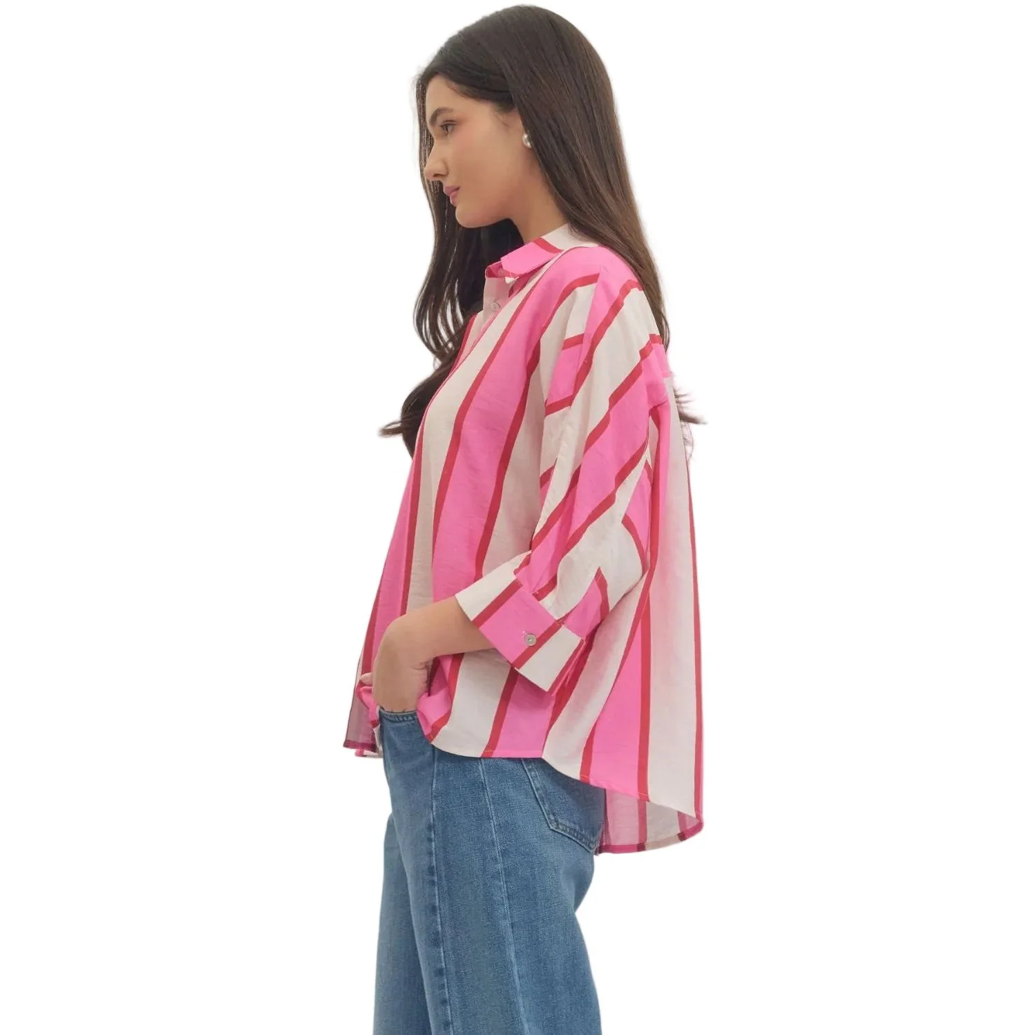 Women's Entro Pink and White Striped Button up 3/4 Sleeves Top T30989 - Image 3