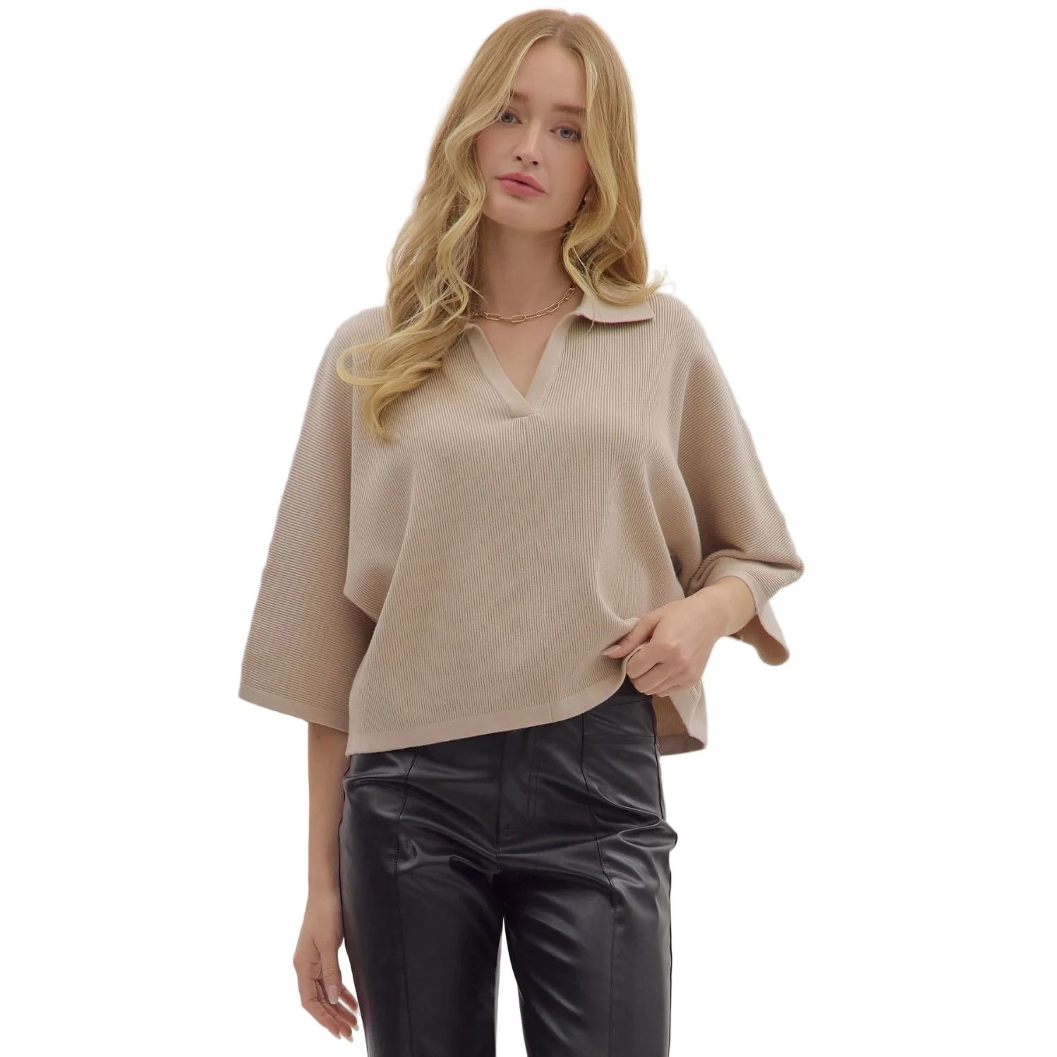 Women's Entro Stone Solid Sleeve Knit V-neck Top T28962
