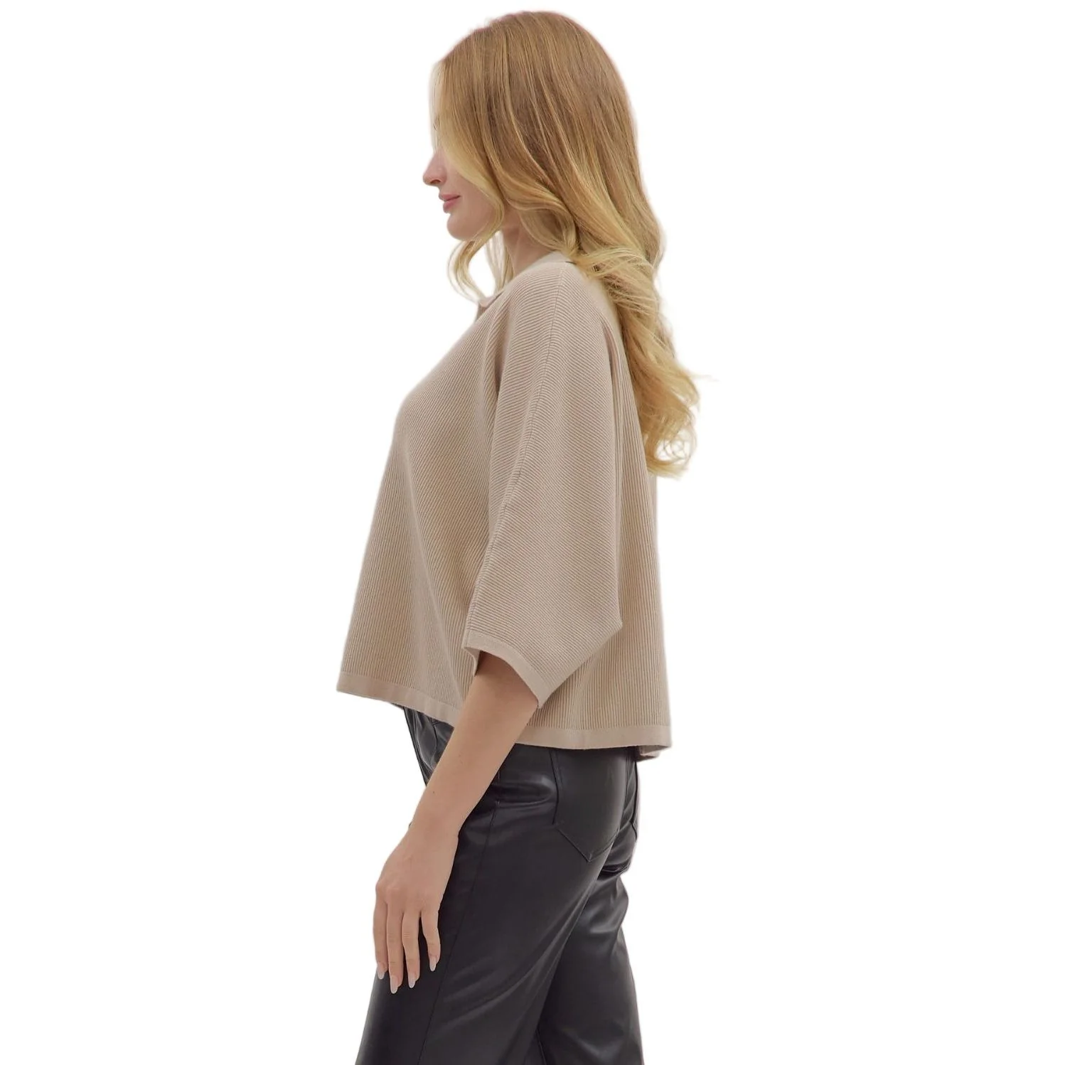 Women's Entro Stone Solid Sleeve Knit V-neck Top T28962 - Image 3