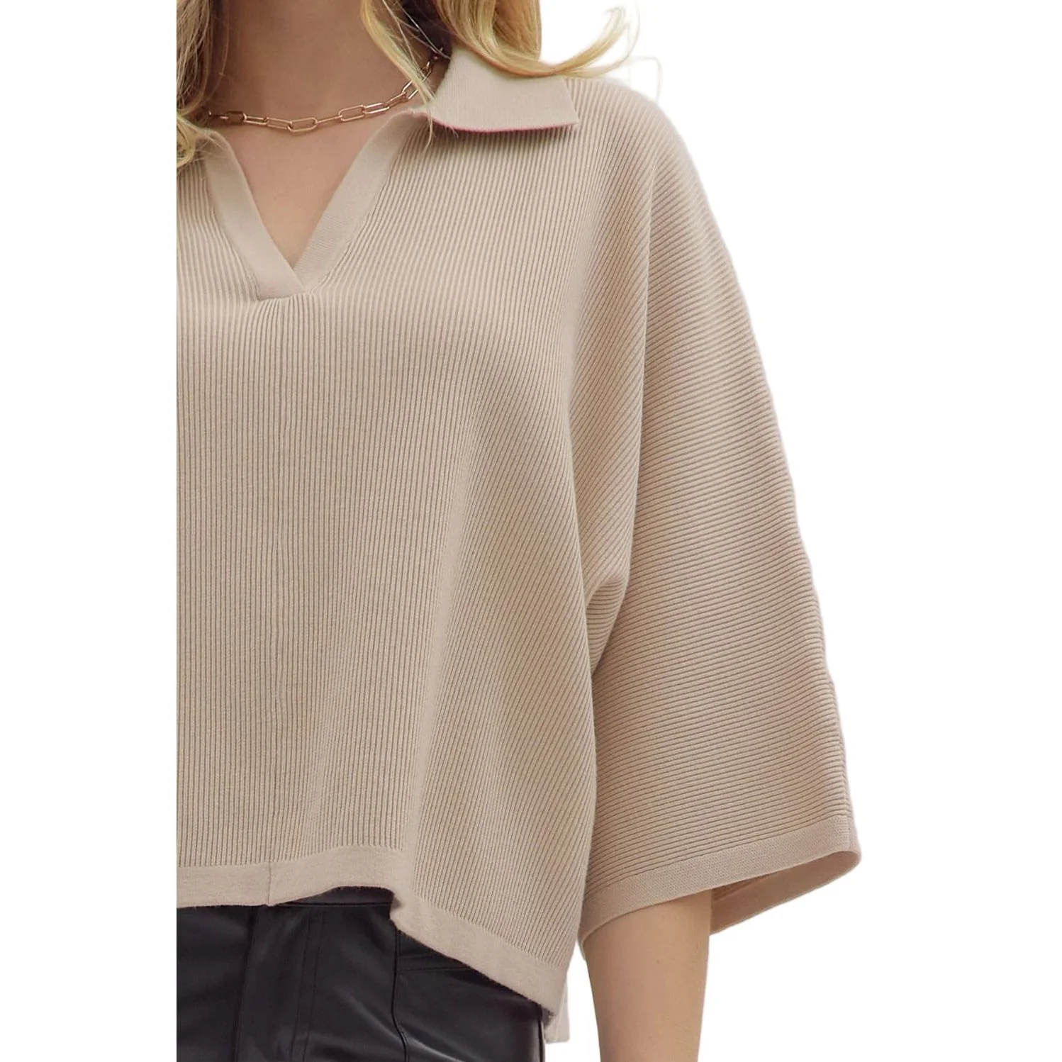 Women's Entro Stone Solid Sleeve Knit V-neck Top T28962 - Image 6