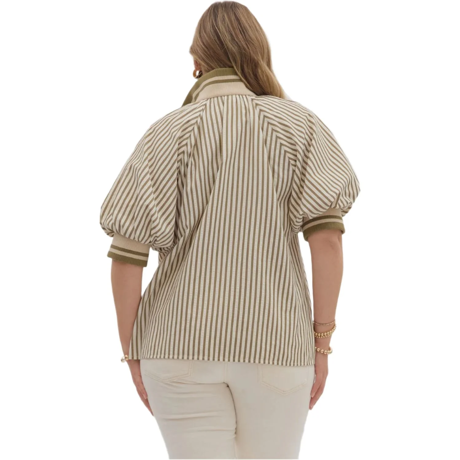 Women's Entro Stripe Patterned Half-Zip Short Puff Sleeve Top T28130P - Image 4