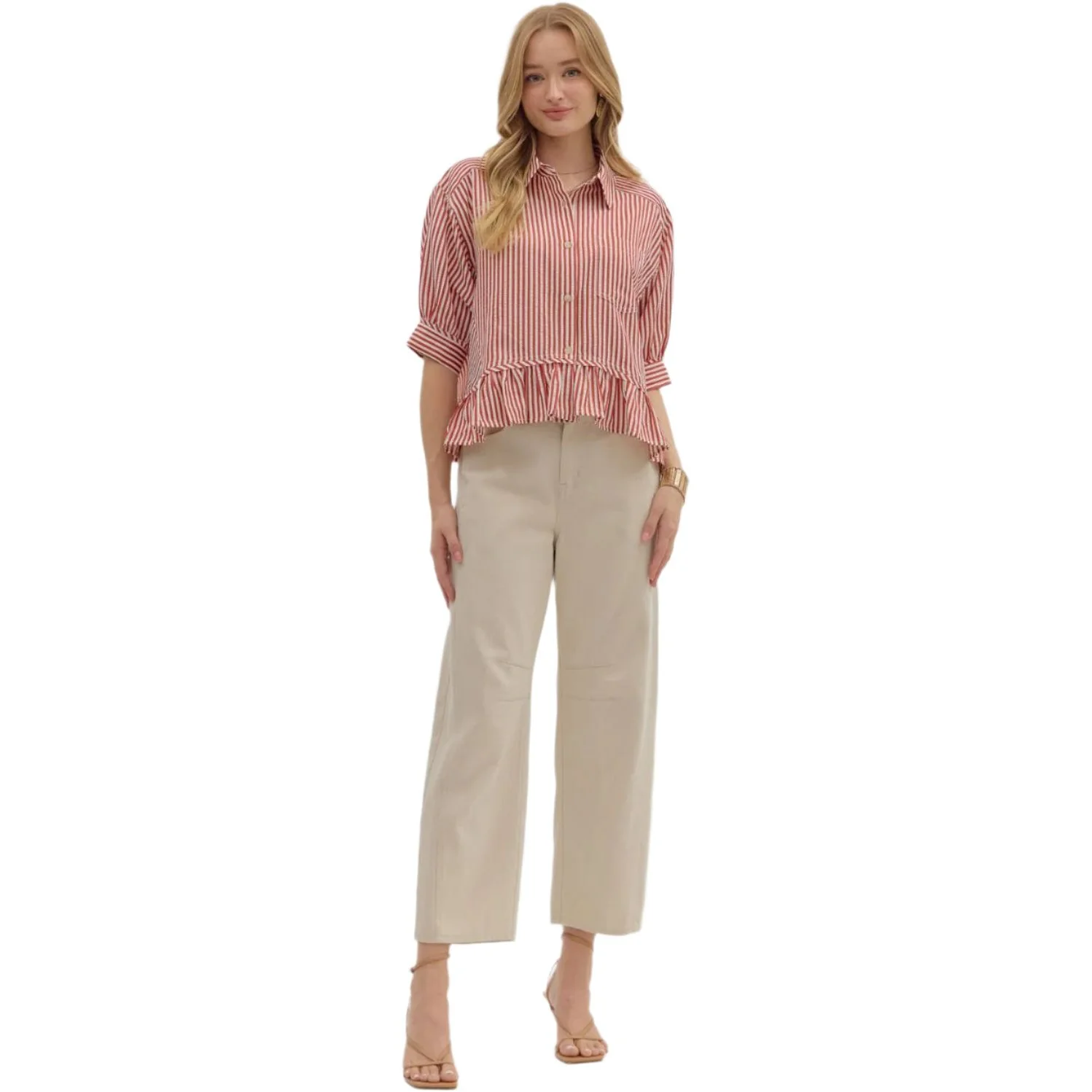 Women's Entro Stripe Patterned Ruffle Blouse T27230 - Image 5