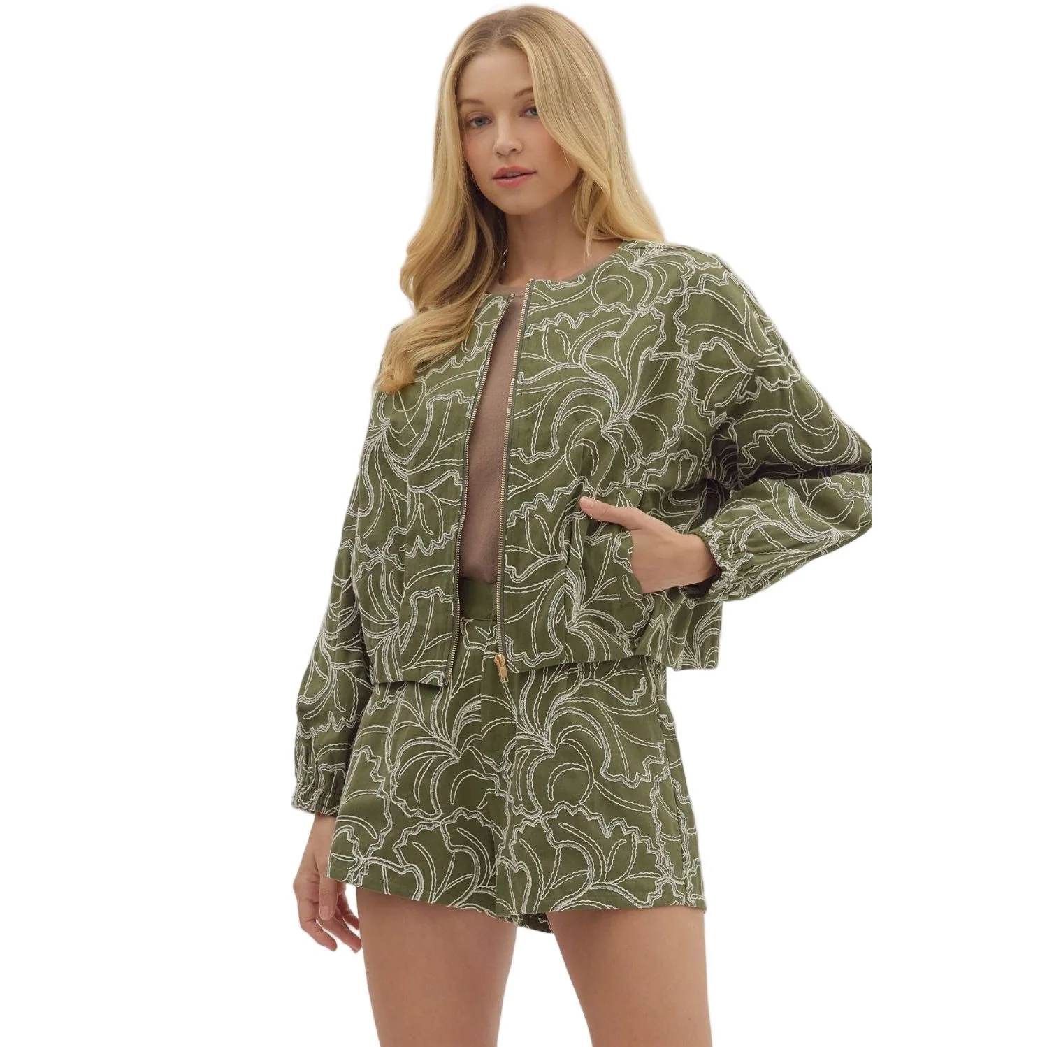 Women's Entro Textured Long Sleeve Zip Up Olive Jacket J27996 - Image 2
