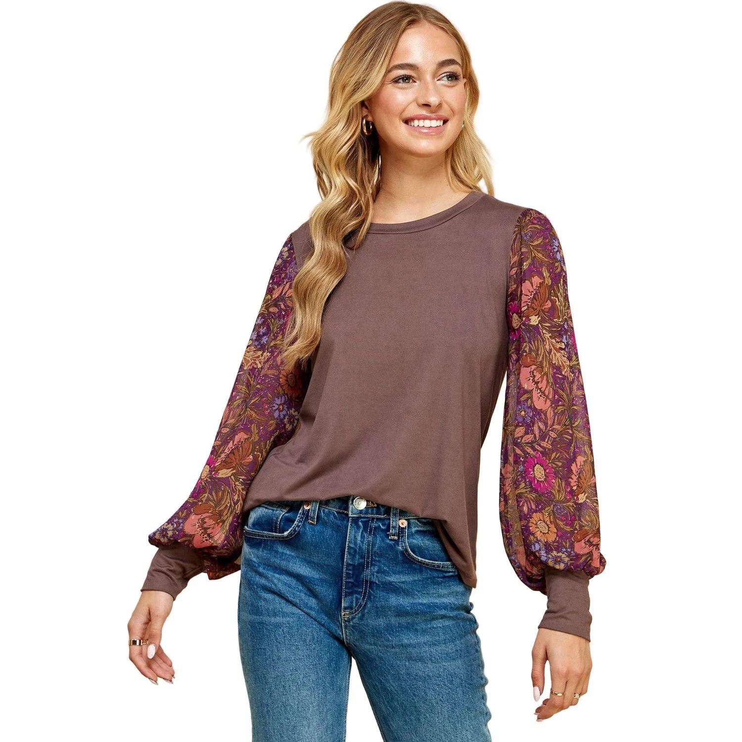 Women's Espresso Solid Top With Printed Floral Sleeves - Image 2