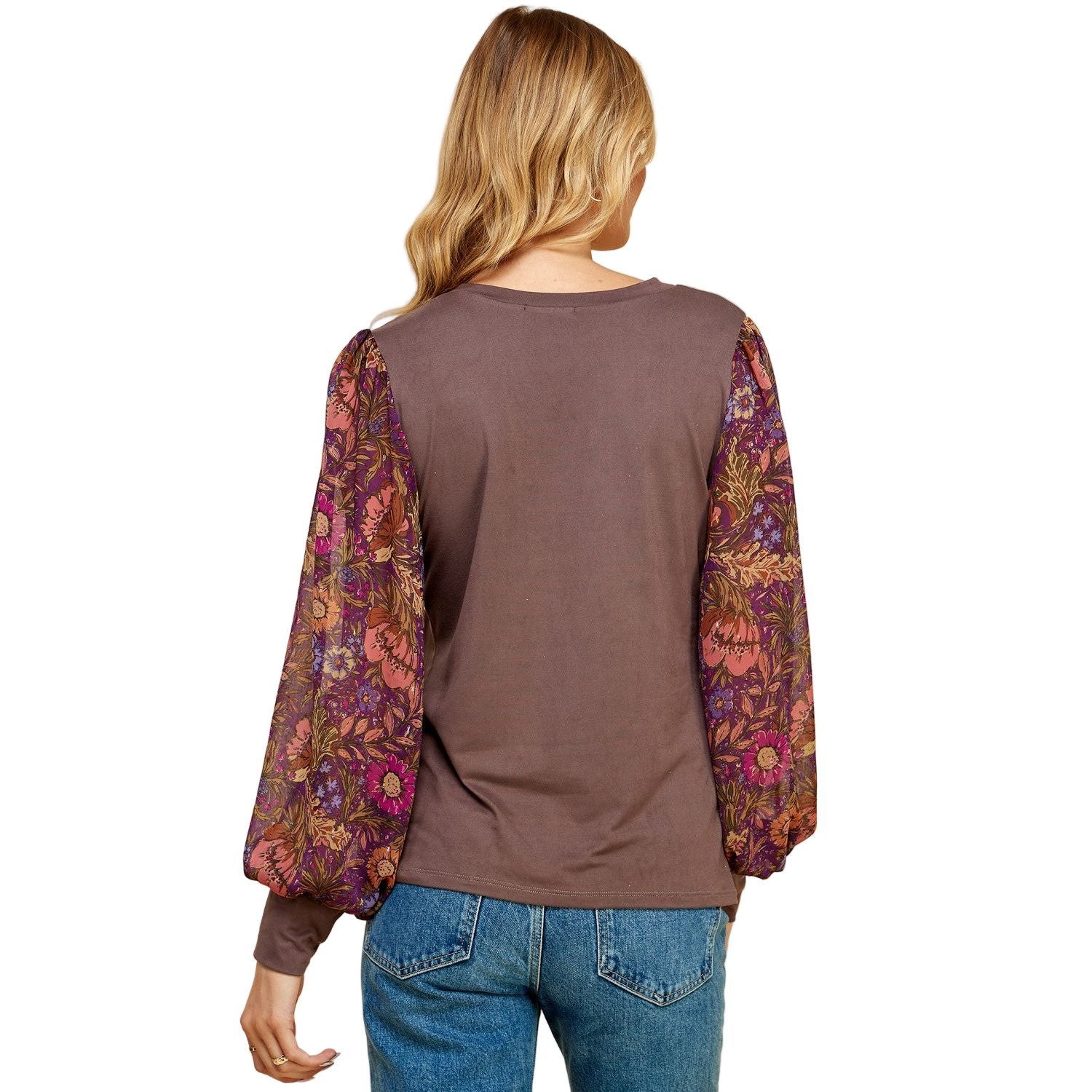 Women's Espresso Solid Top With Printed Floral Sleeves - Image 4