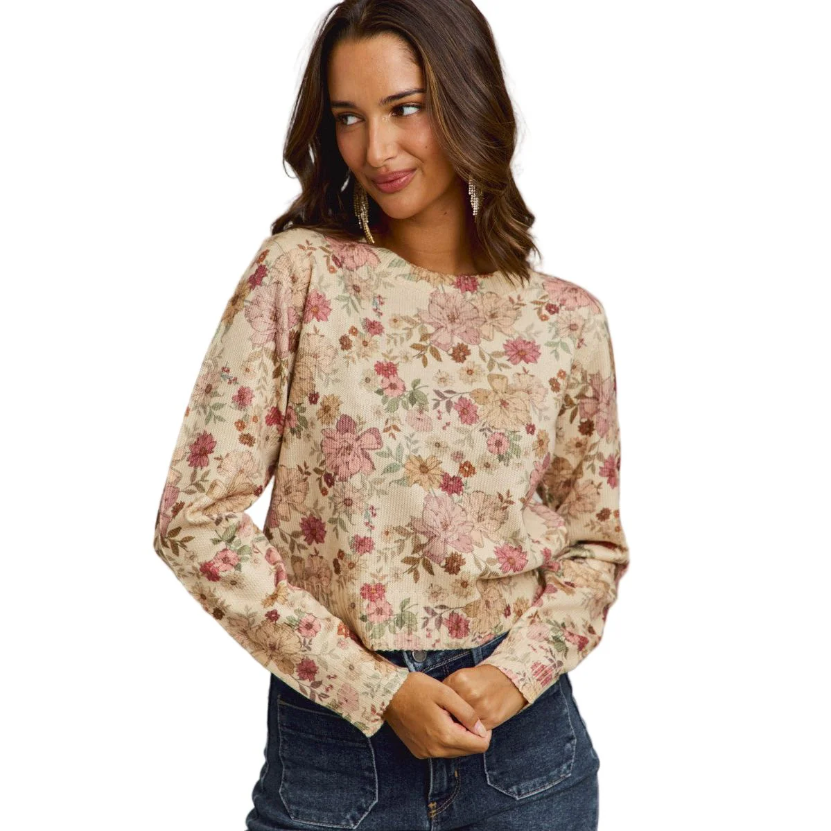 Women's Floral Crew Neck Long Sleeves Sweater Knit Top - Image 2
