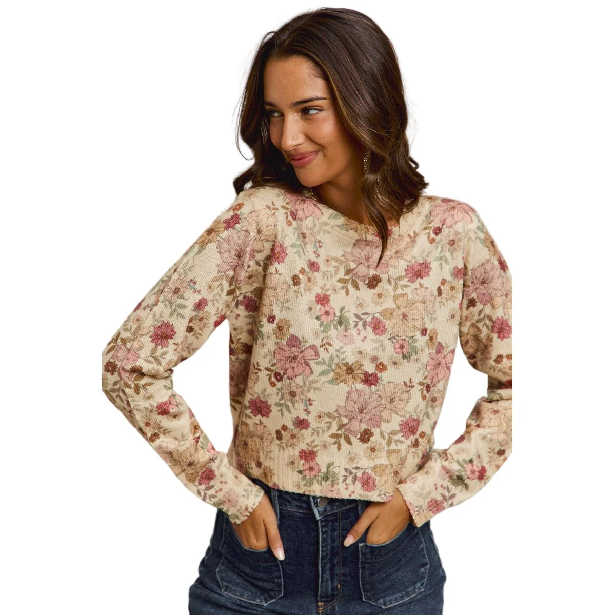Women's Floral Crew Neck Long Sleeves Sweater Knit Top - Image 3