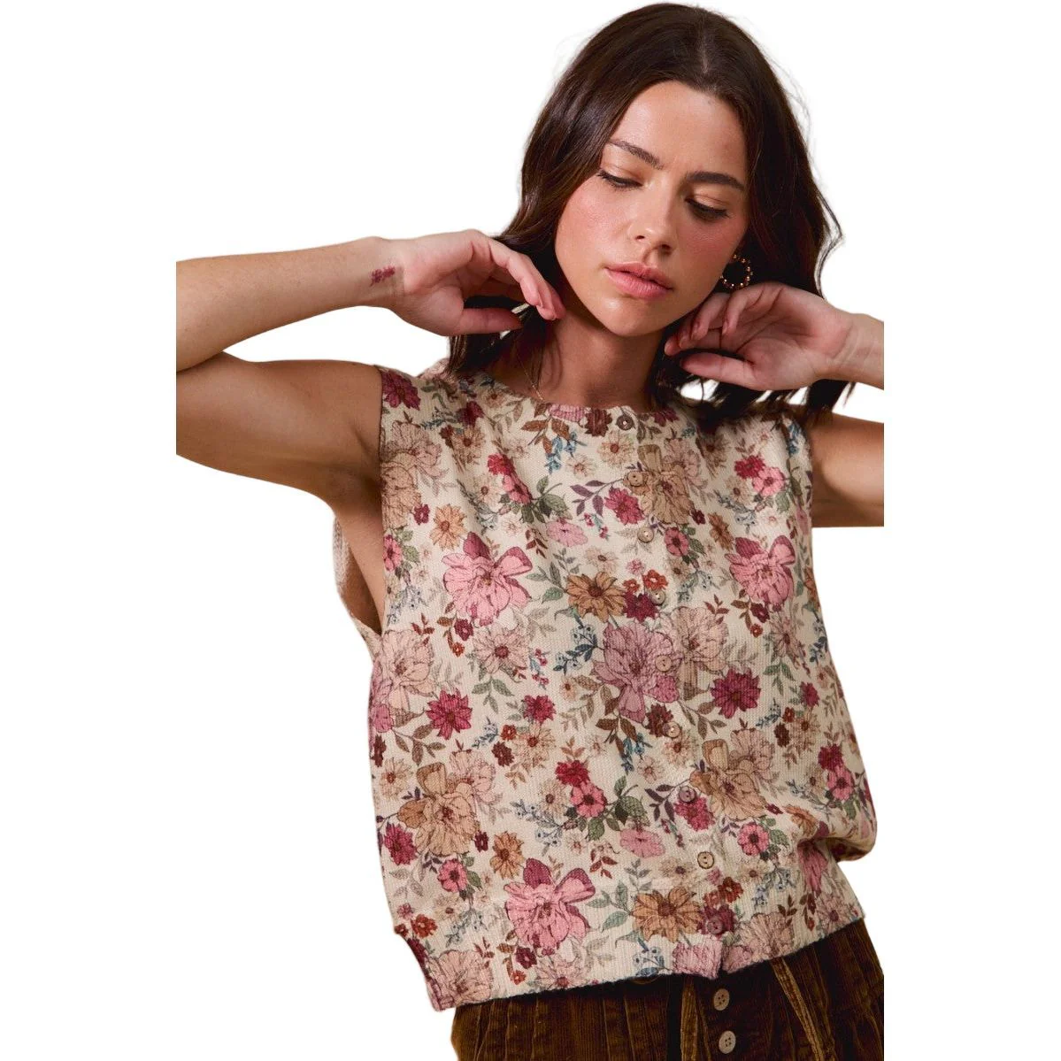 Women's Floral Print Button Sweater Vest - Image 2
