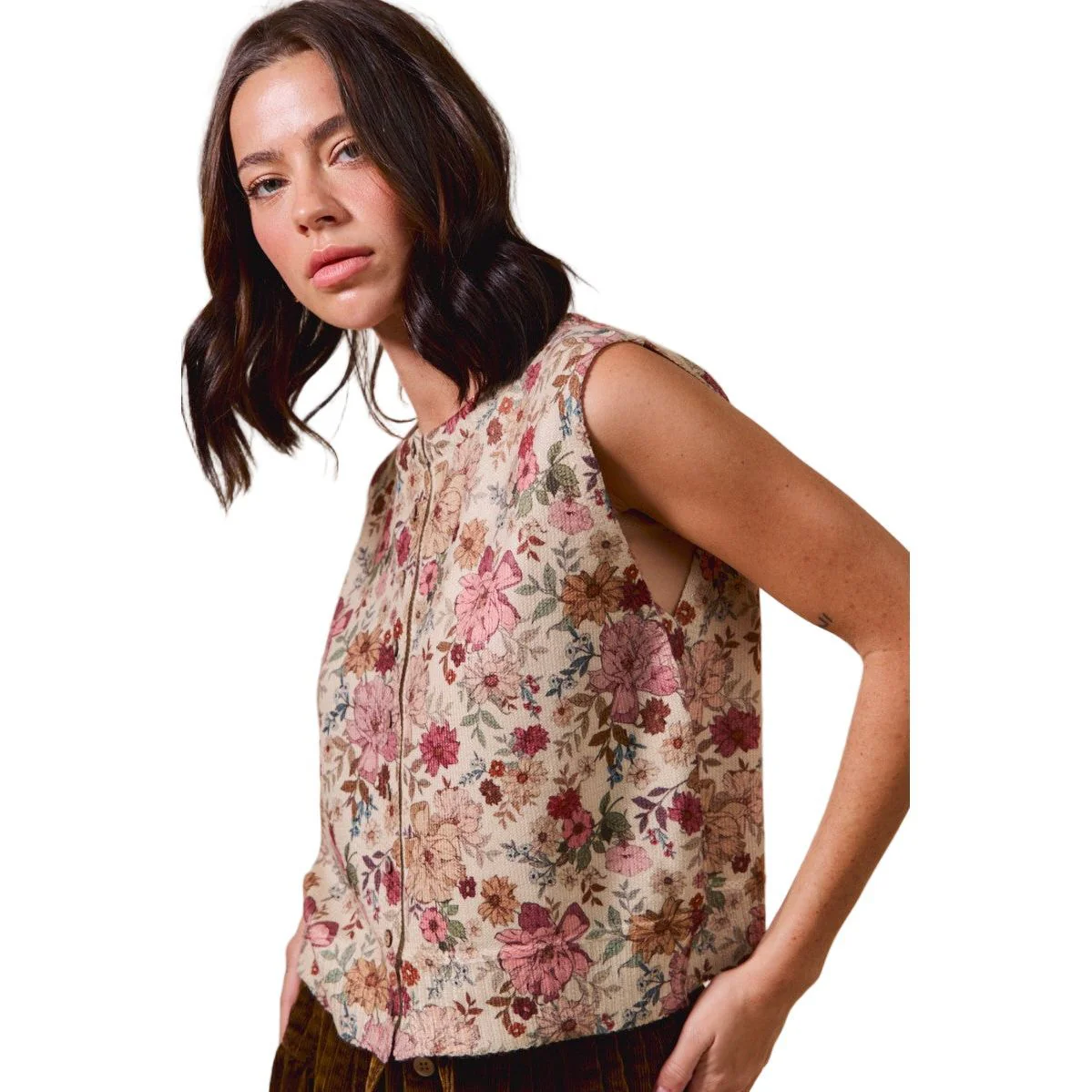 Women's Floral Print Button Sweater Vest - Image 3