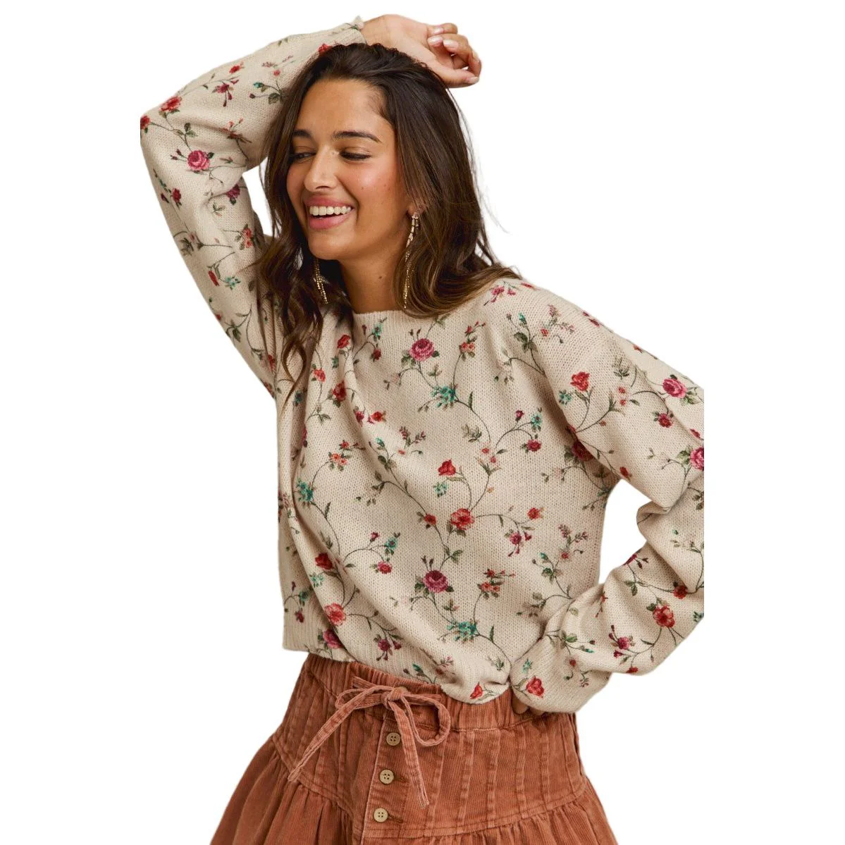 Women's Floral Print Crewneck Sweater Knit Top