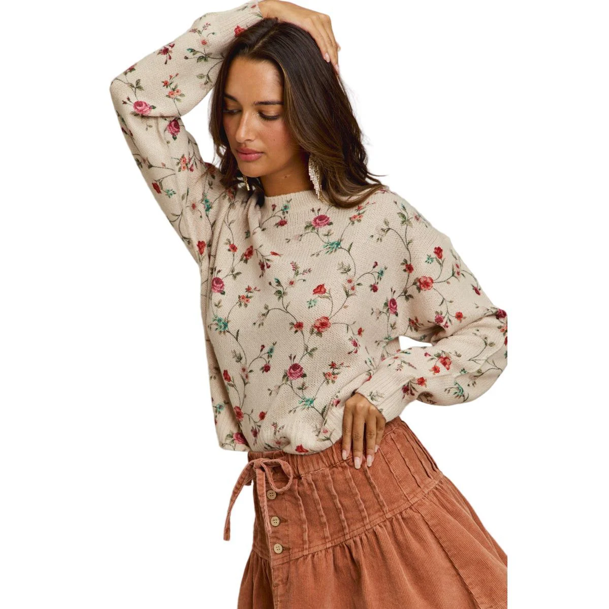 Women's Floral Print Crewneck Sweater Knit Top - Image 4