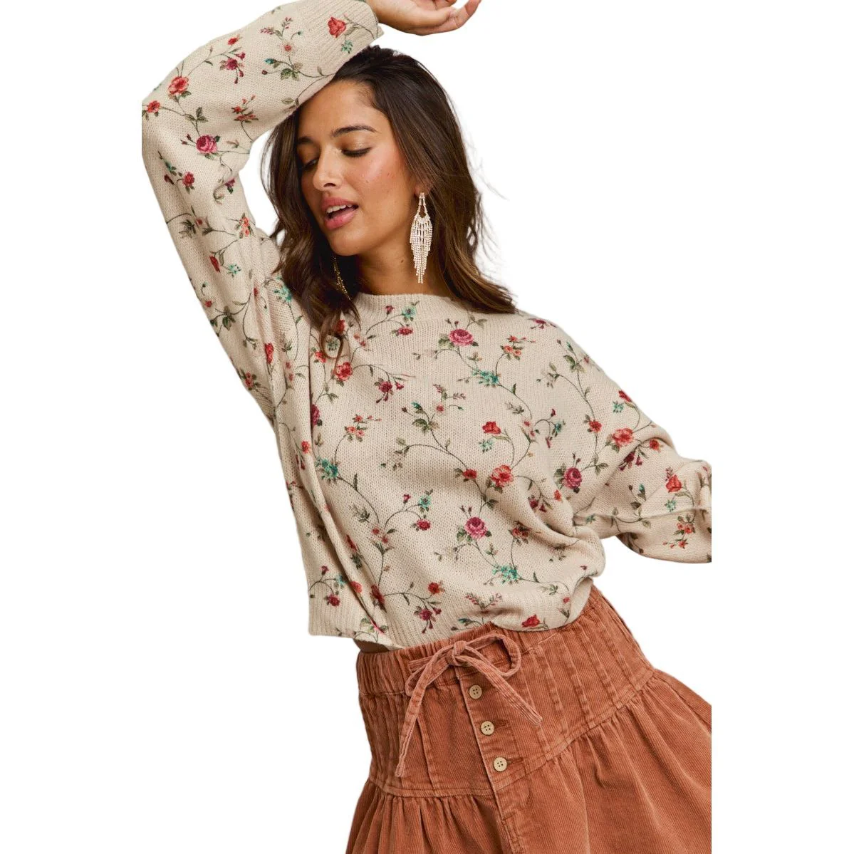 Women's Floral Print Crewneck Sweater Knit Top - Image 6