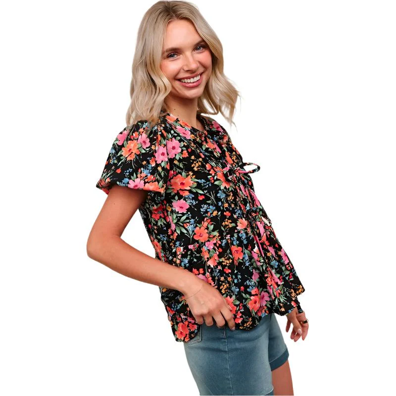 Women's Floral Woven Blouse With Front Ribbon Bow Tie - Image 2