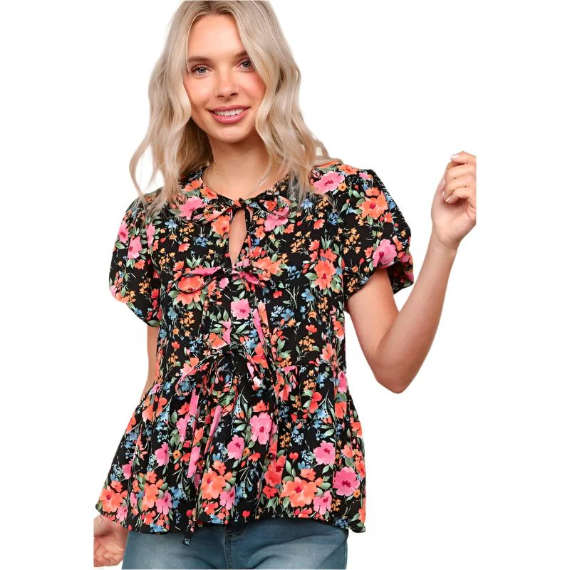 Women's Floral Woven Blouse With Front Ribbon Bow Tie - Image 4