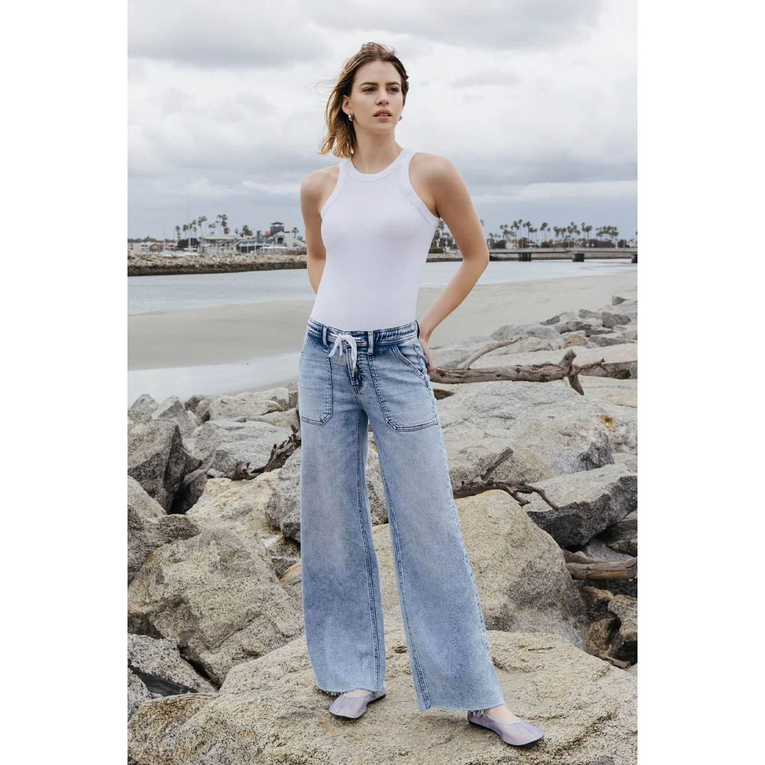 Women's Flying Monkey High Rise Drawstring Waistband Wide Leg Jeans F6065 - Image 7