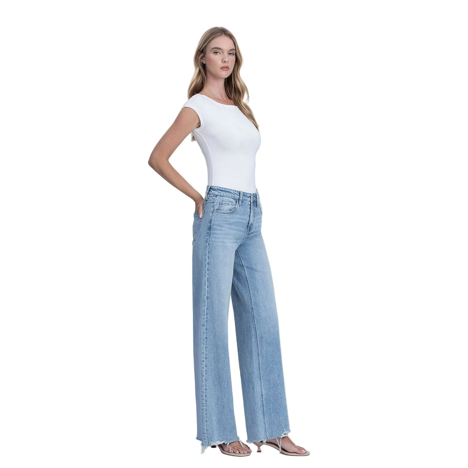 Women's Flying Monkey High Rise Medium Light Wash Raw Hem Wide Jeans F9053 - Image 2