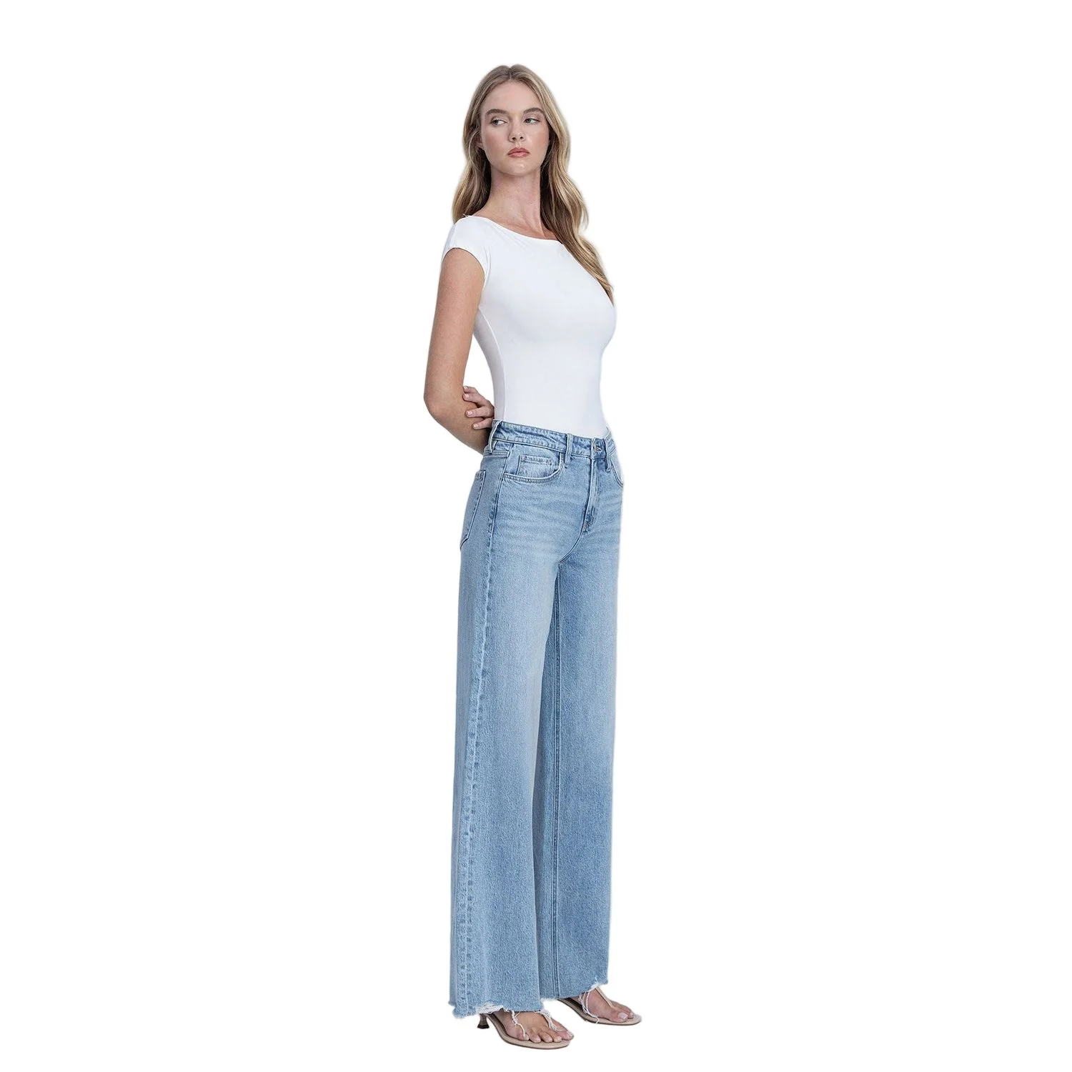Women's Flying Monkey High Rise Medium Light Wash Raw Hem Wide Jeans F9053 - Image 3