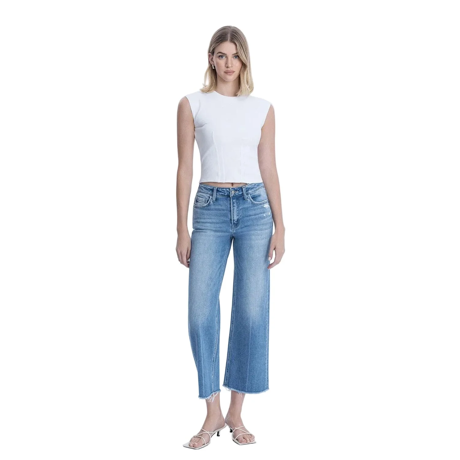 Women's Flying Monkey High Rise Raw Hem Crop Slim Wide Leg Jeans F6046 - Image 8
