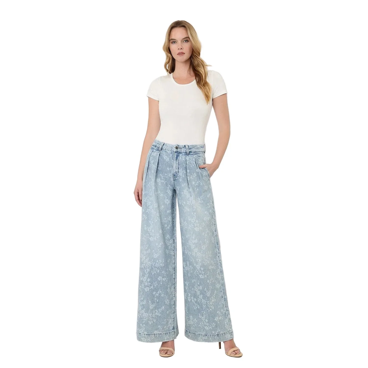 Women's Flying Monkey Super High Rise Floral Print Pleated Wide Leg Jean F9160SFP - Image 3