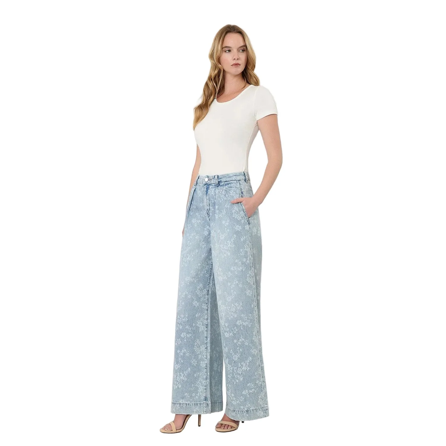 Women's Flying Monkey Super High Rise Floral Print Pleated Wide Leg Jean F9160SFP - Image 4