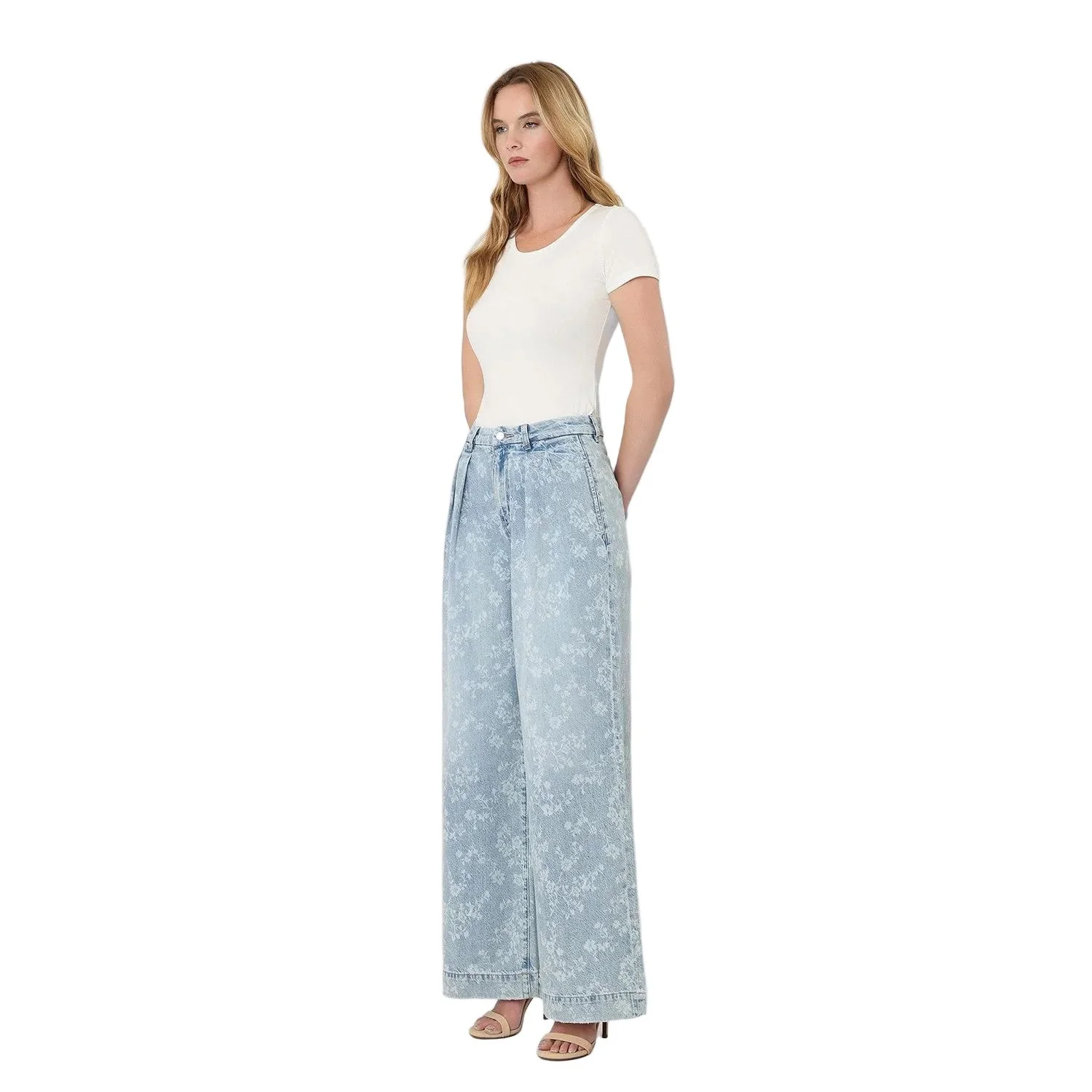 Women's Flying Monkey Super High Rise Floral Print Pleated Wide Leg Jean F9160SFP - Image 5