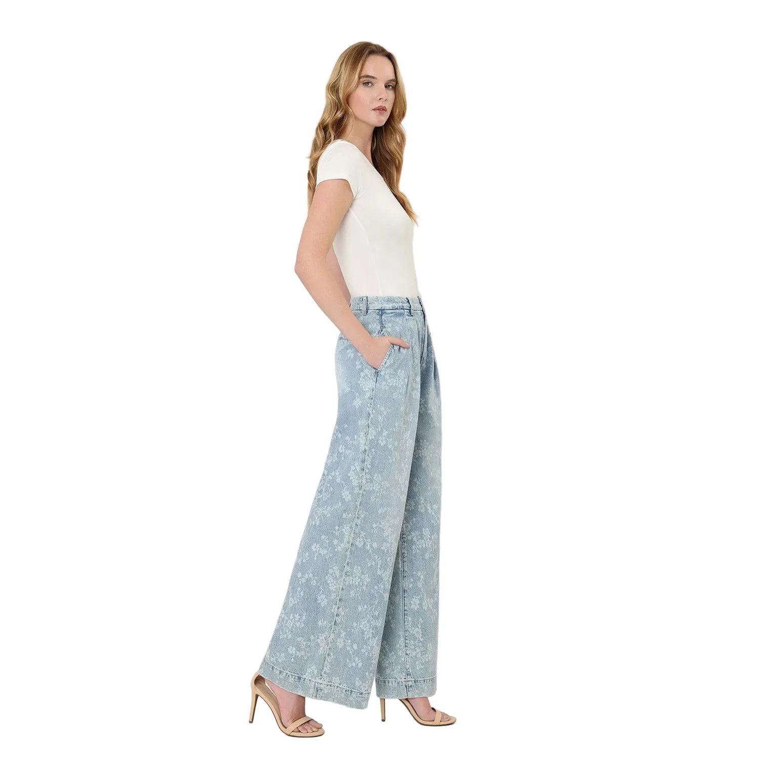 Women's Flying Monkey Super High Rise Floral Print Pleated Wide Leg Jean F9160SFP - Image 7