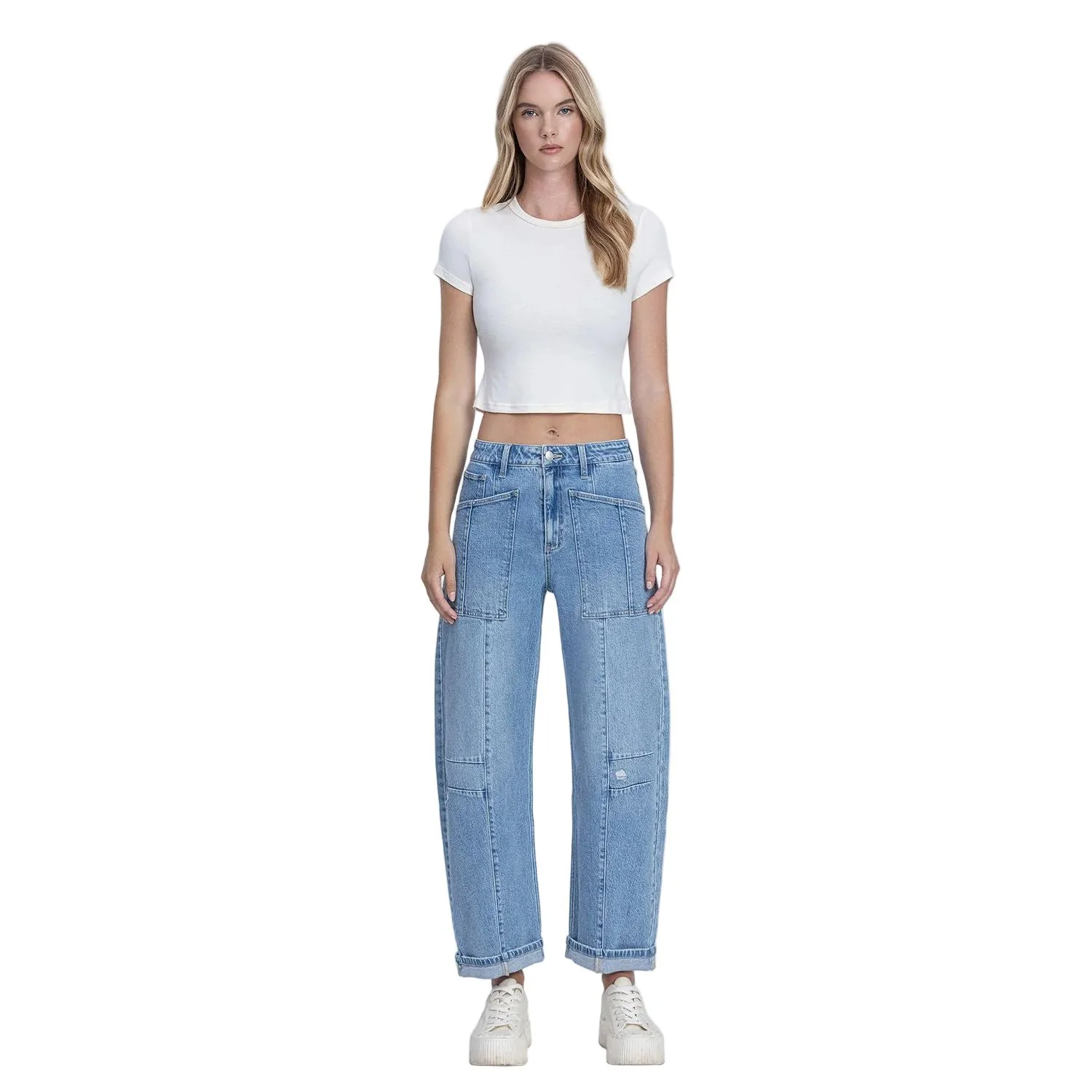 Women's Flying Monkey Super High Rise Patch Pocket Cuffed Barrel Jeans F9134 - Image 3