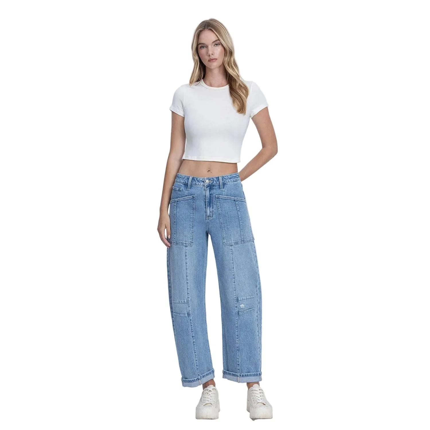 Women's Flying Monkey Super High Rise Patch Pocket Cuffed Barrel Jeans F9134 - Image 4