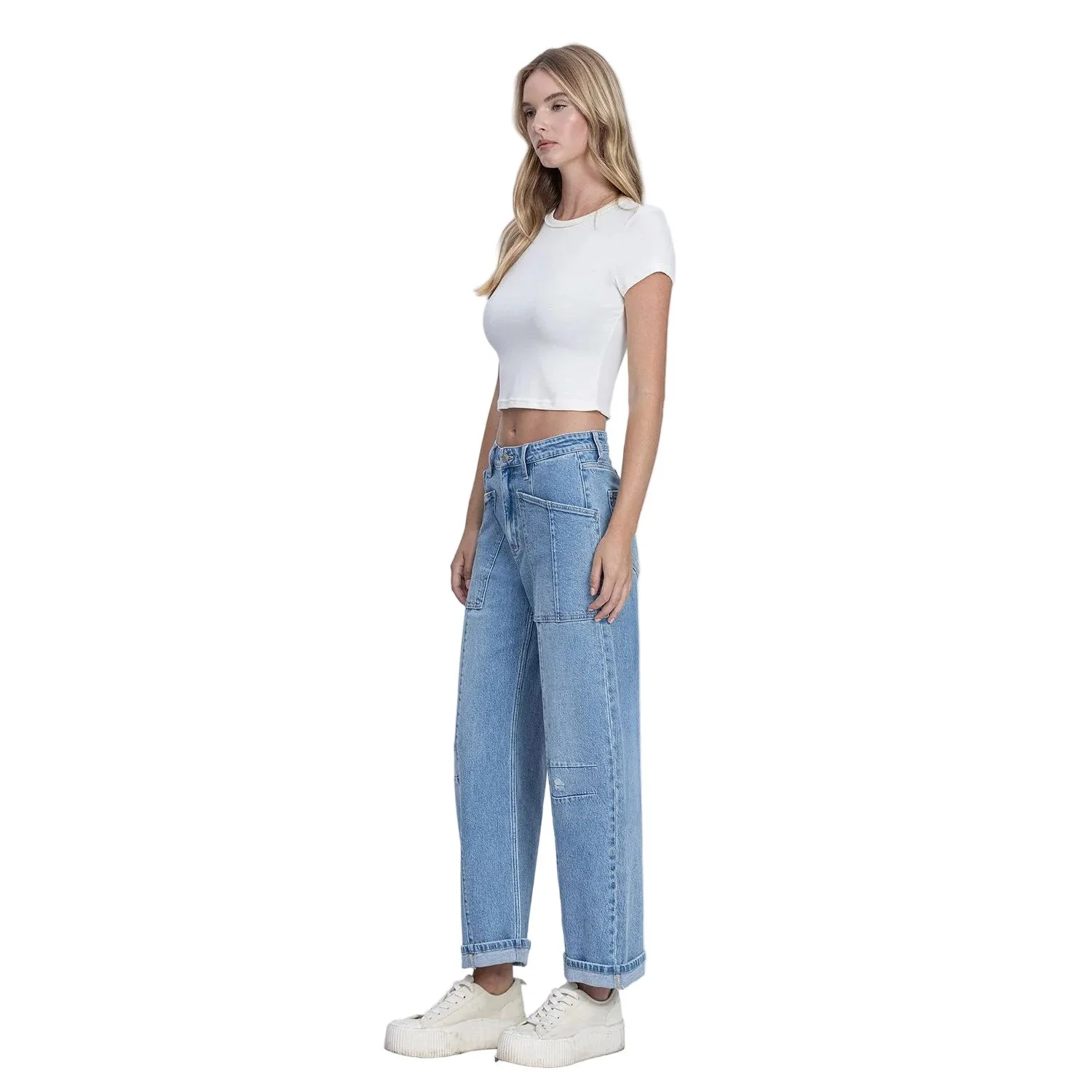 Women's Flying Monkey Super High Rise Patch Pocket Cuffed Barrel Jeans F9134 - Image 5