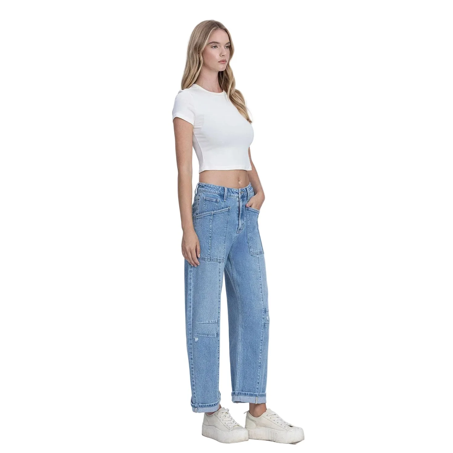 Women's Flying Monkey Super High Rise Patch Pocket Cuffed Barrel Jeans F9134 - Image 8