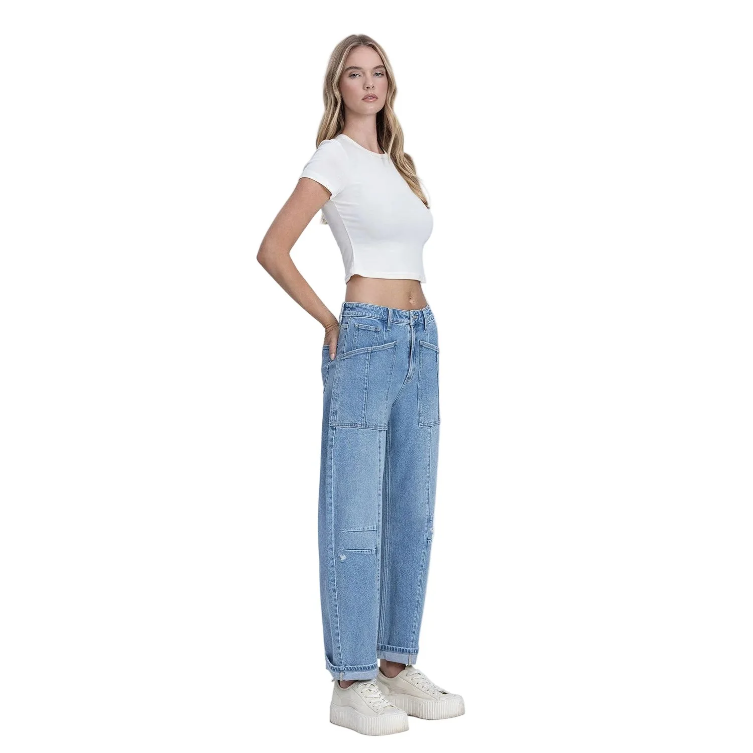 Women's Flying Monkey Super High Rise Patch Pocket Cuffed Barrel Jeans F9134 - Image 9