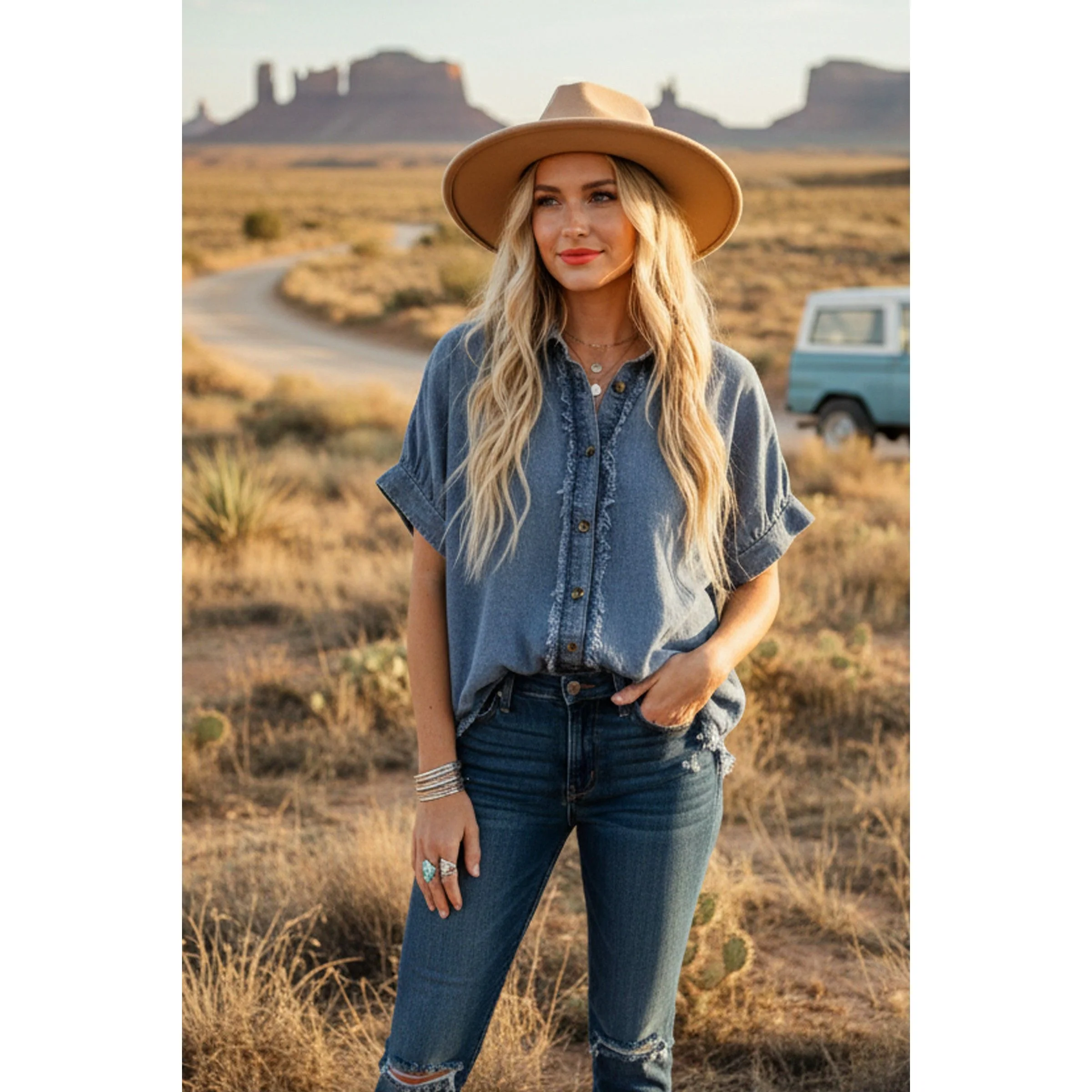 Women's Frayed Trim Denim Button Top - Image 8