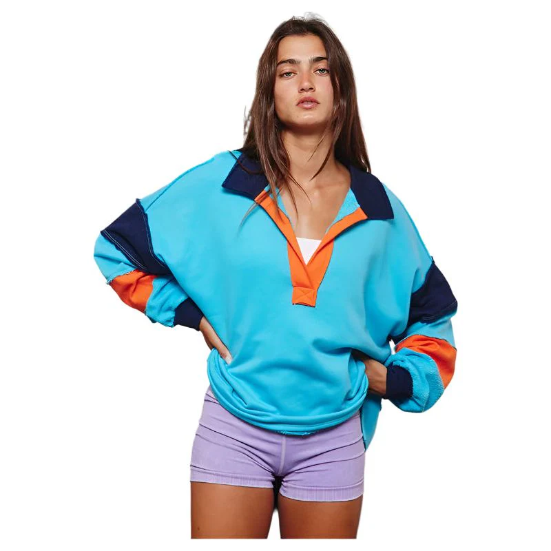 Women's French Terry Color-block Collared Loose Fit Top