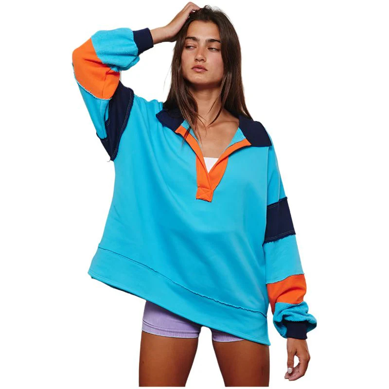 Women's French Terry Color-block Collared Loose Fit Top - Image 3