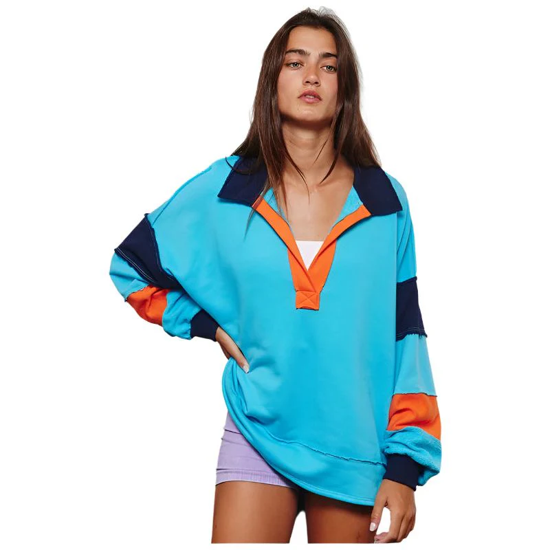 Women's French Terry Color-block Collared Loose Fit Top - Image 4