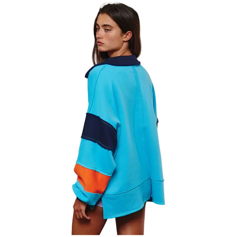 Women's French Terry Color-block Collared Loose Fit Top - Image 6